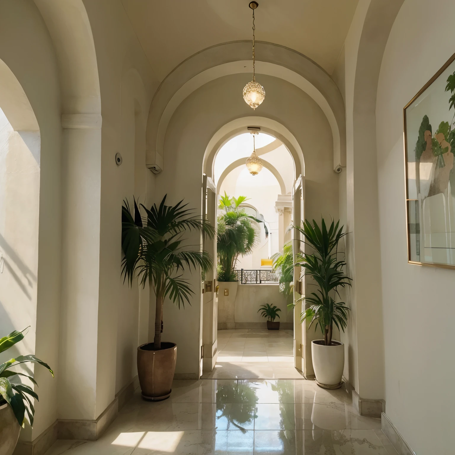 Masterpiece, highest quality, HD, 8k, hotel lobby, minimal chandeliers, cream concrete,, murals in different colors, bright colors, arch, sunlight, early morning sun, green plants outside, fresh air