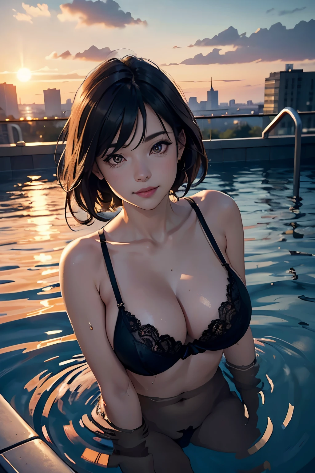 NSFW NSFW NSFW 30y perfect body pose MILF Nikon RAW photos，8K quality，Fujifilm XT3，tmasterpiece，best qualtiy，realisticlying，ultra - detailed，1 girl，独奏，closeup portrait，huge breasts1.3，Rooftop outdoor pool，the setting sun，at dusk at golden hour，high level of water，Water flooded the chest，Black lace transparent bra，Place your hands behind your head，cabelos preto e longos，rich facial detail，Fine fine skin，tempting pose，cabelos preto e longos，hair straight , Bridle, drool, by lee jeffries nikon d850 film stock photograph 4 kodak portra 400 camera f1.6 lens rich colors hyper realistic lifelike texture dramatic lighting unrealengine trending on artstation cinestill 800 tungsten, (golden eyes, smiling:1.195), style bending over lying on her tummy 