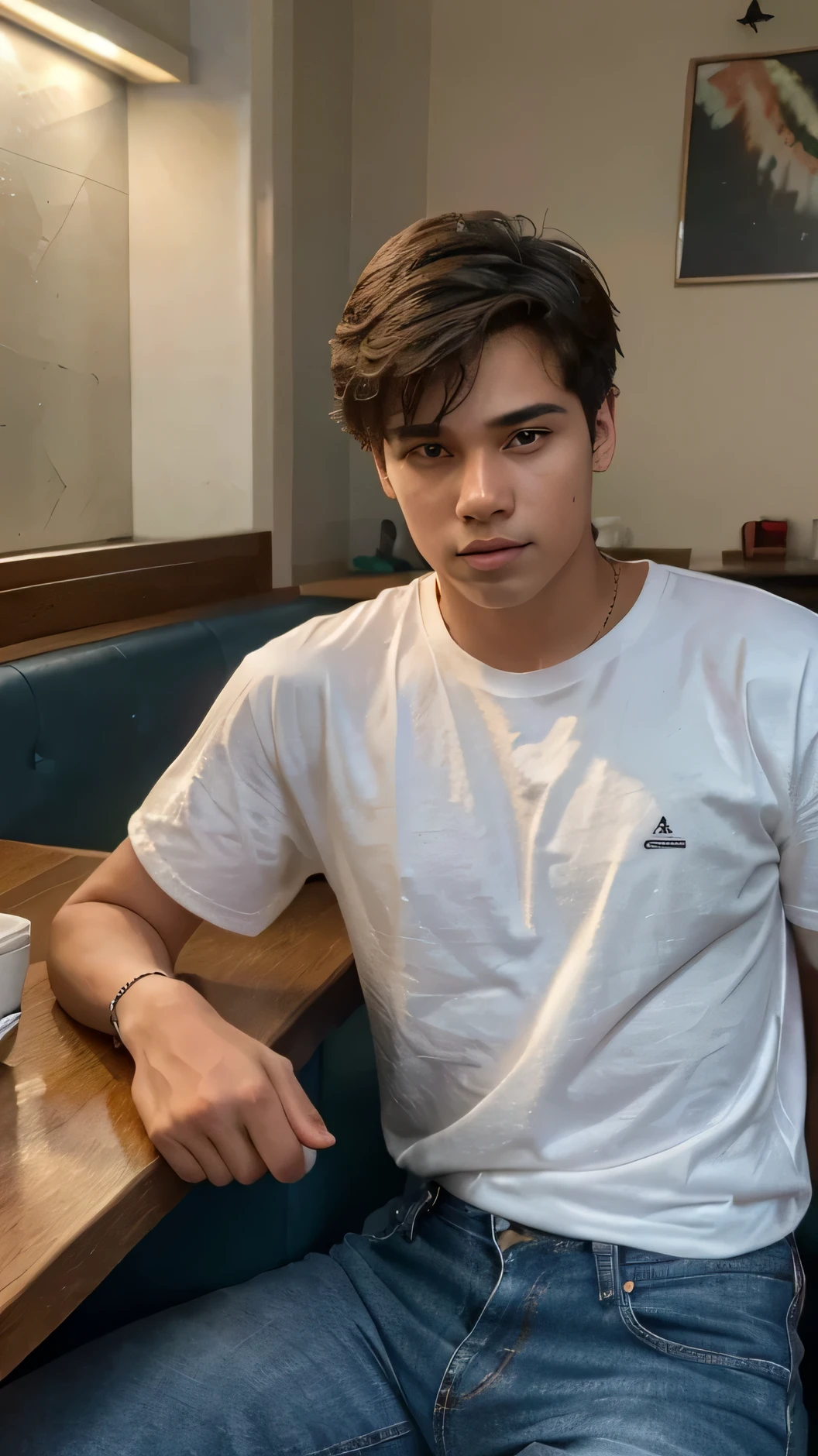 a 20-year-old boy with a masculine body is sitting in an Indian cafe. he is relaxing and an ordered tea is kept on the table. he is wearing an oversized white t-shirt and blue denim jeans. highly detailed, perfect facial features, Fujifilm XT3, bright day, beautiful lighting, RAW photo, 8k, and film grain.