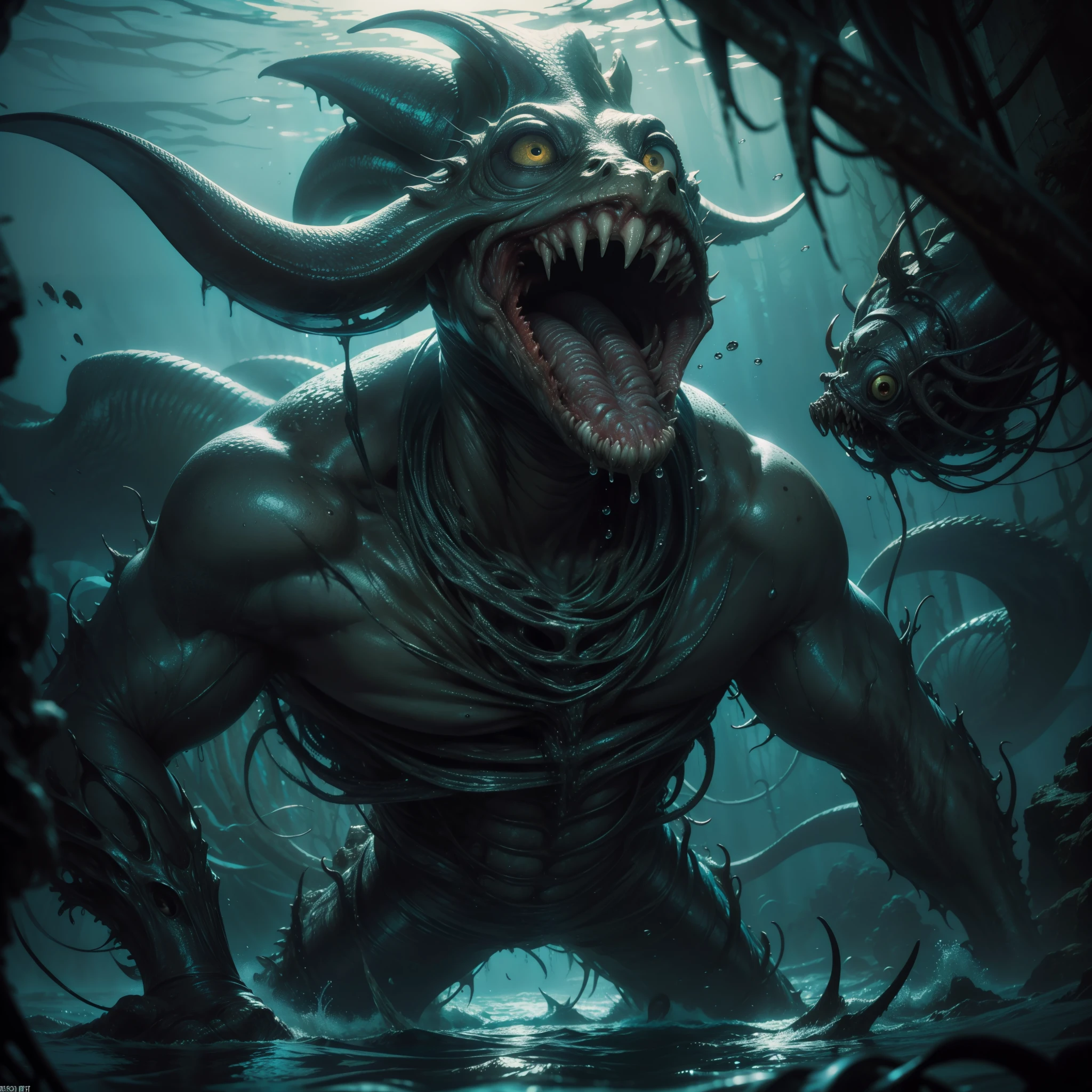 Masterpiece, Realistic: A terrifying squid monster lurks in the depths of the sea, captured in an Underwater POV that immerses the viewer into its watery domain. The monster's internal organs, though disgusting and impure, are depicted with amazing detail and accuracy, its pale skin contrasting strikingly with the dark, yellowish water. The image is further enhanced by the presence of water mist, fog, and dark, smoke details, all contributing to the cinematic lighting that envelopes the scene. With big, terrifying eyes and a frightful expression, this squid monster is an unsettling masterpiece, reminiscent of the horrors found in Sil