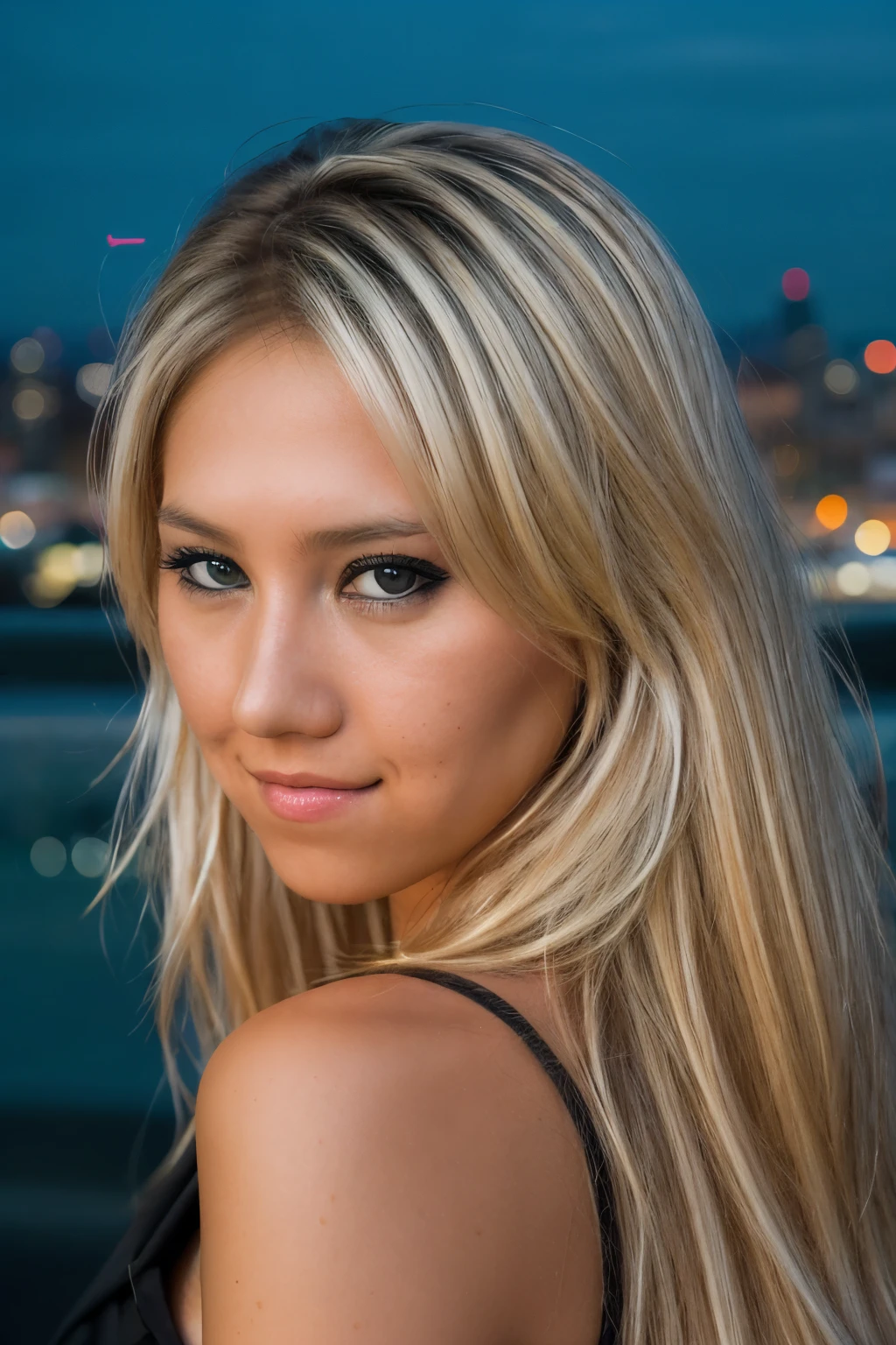 RAW photo of annkou, against the backdrop of a cityscape illuminated by city lights, midshot portrait, blonde, realistic skin details, (high detailed skin:1.2), 8k uhd, dslr, soft lighting, high quality, film grain, Fujifilm XT3,  