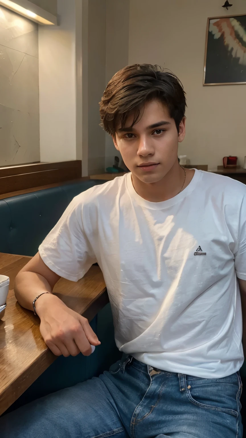a 20-year-old boy with a masculine body is sitting in an Indian cafe. he is relaxing and an ordered tea is kept on the table. he is wearing an oversized white t-shirt and blue denim jeans. highly detailed, perfect facial features, Fujifilm XT3, bright day, beautiful lighting, RAW photo, 8k, and film grain.