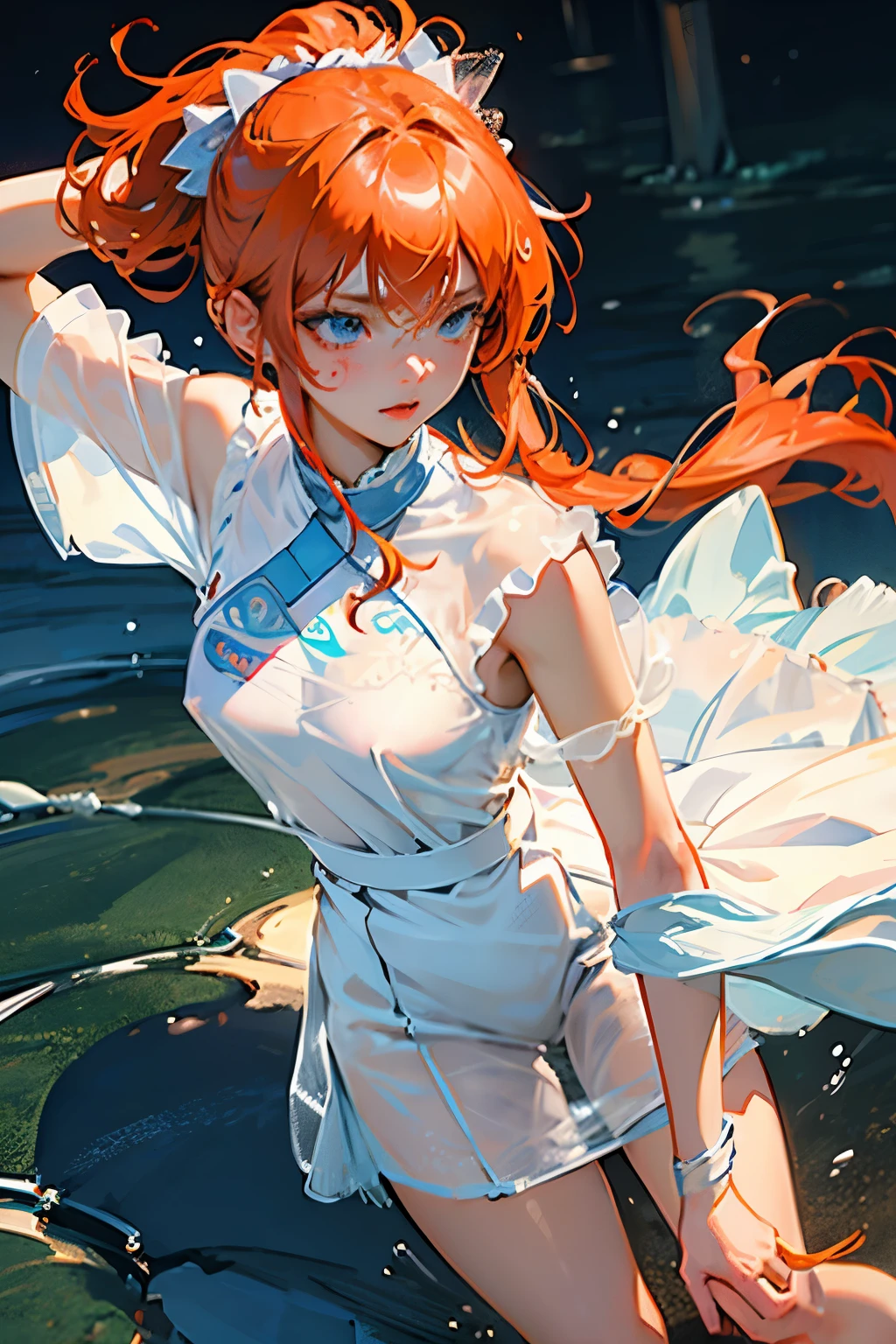 (Ultra HD quality)), ((masterpiece)), Very detailed，Puffy nipples、(see through:1.5)、straighten your back、abdominal muscles、huge bust、angle to floor:1.2、low camera angle、Hair loss on crotch，Hatsune Miku，(masterpiece, best quality:1.2), Face focus, face close-up, Close-up face:1.2),, 1 girl, Soryu Asuka Langley, alone, blue eyes, , looking at the audience, long hair,tokyo-3 middle , orange hair, white shirt,  shirt, short sleeves, close your mouth, Bangs, one side up,white socks, Slip dress, 蓝色skirt, blue skirt, outdoor, skirt, hair accessories,
 