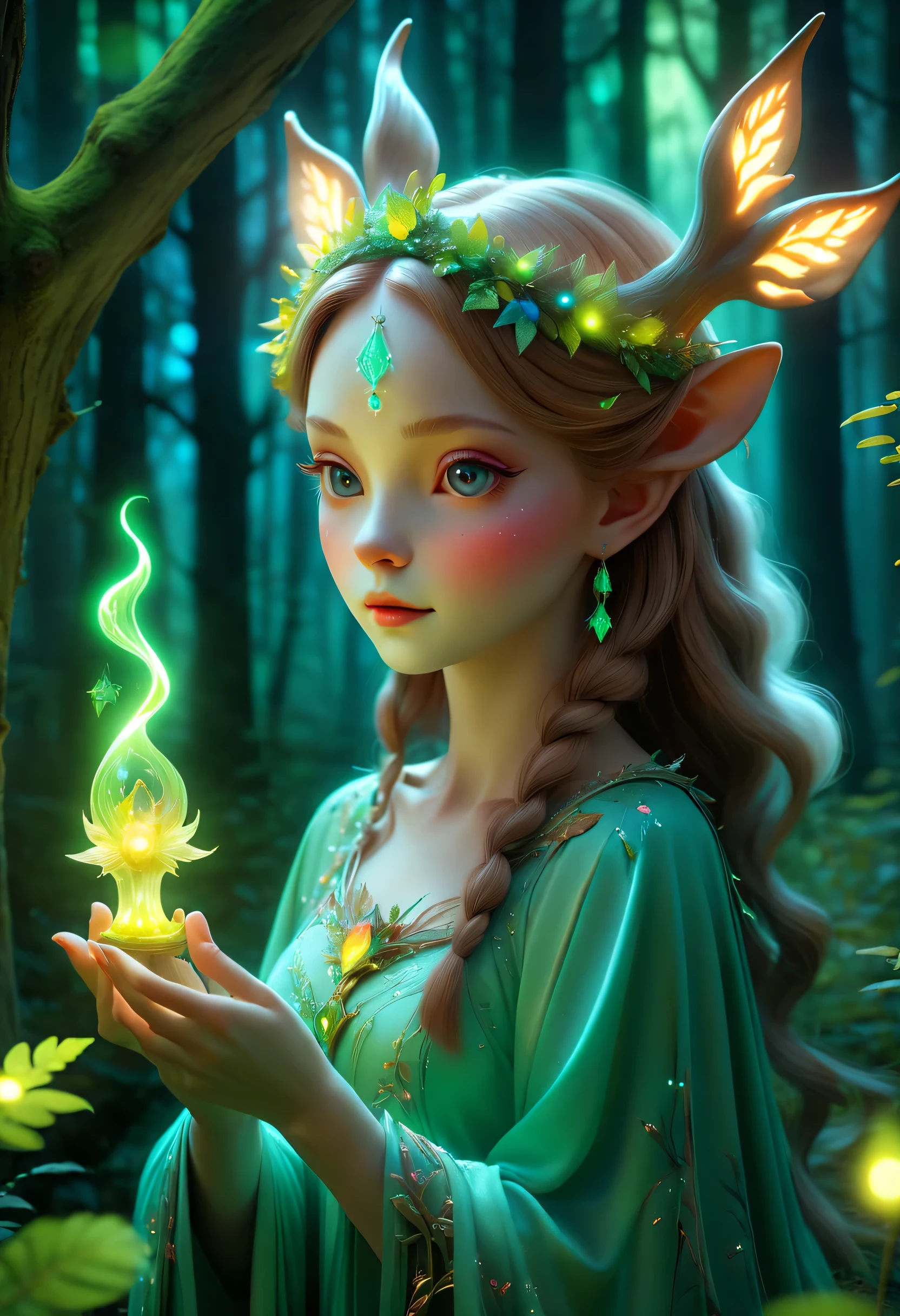 best quality，4K，8k，HD，masterpiece：1.2，super detailed，lifelike：1.37，flash，enchanted forest，magical atmosphere，charming scenery，rich and colorful，（闪闪glow的仙女，queen of the forest，Charming witches，Carefully cast，French formation），Cute fawn，glow，fluorescence，wand casting，装满glow液体的瓶子，ethereal atmosphere