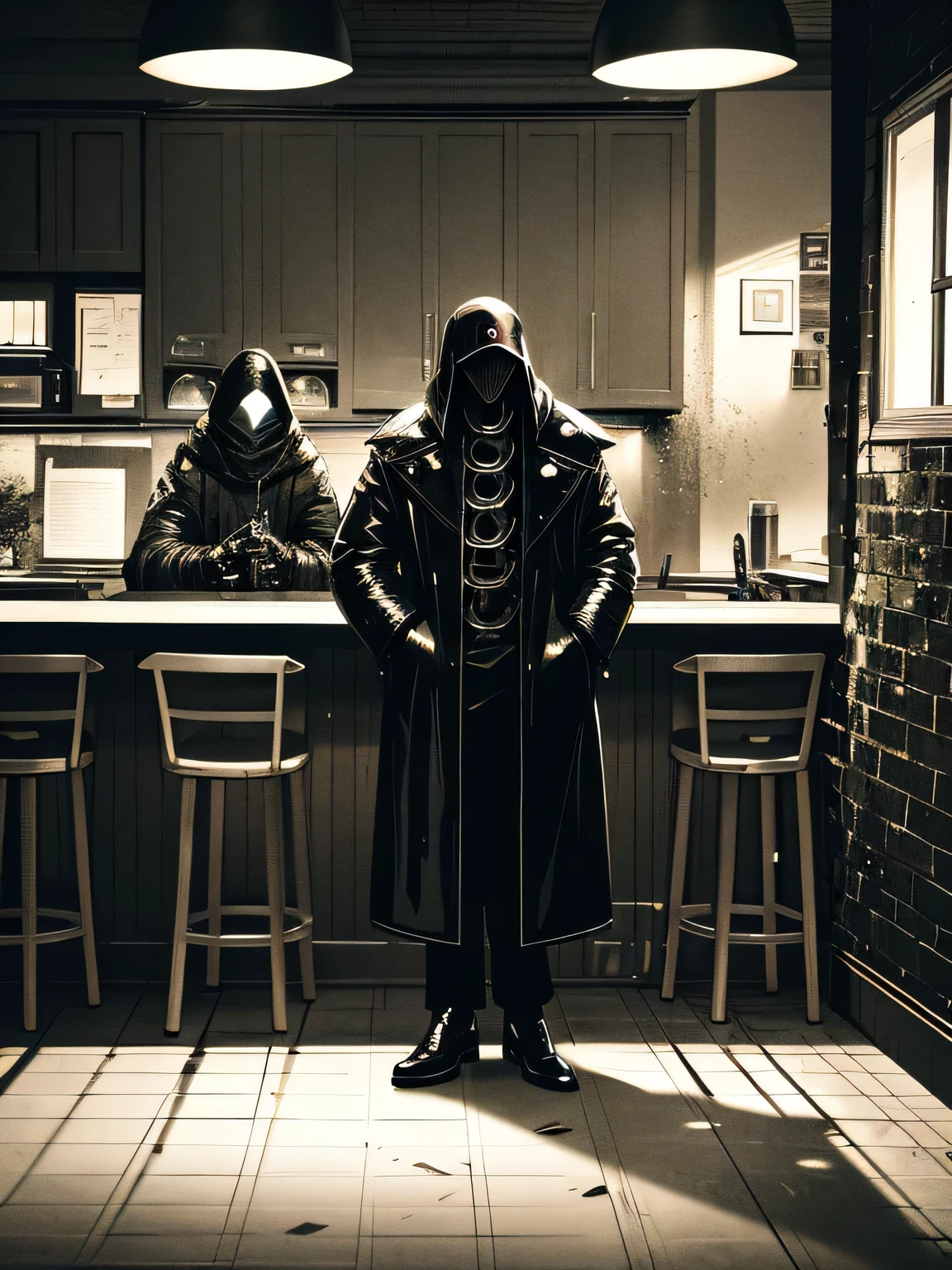 ((dark tentacle biopunk art)), ((horror tentacles)), man with covered face, Black sunglasses, shoulder pads, leather gloves, closed jacket, two shields in hands, , (cold light), black oil liquids, dark empty tavern refuge, Gloomy Kitchen, old refrigerators, A few chairs, drawers and cabinets, boarded up windows, dark fantasy environment, very detailed art, very detailed background