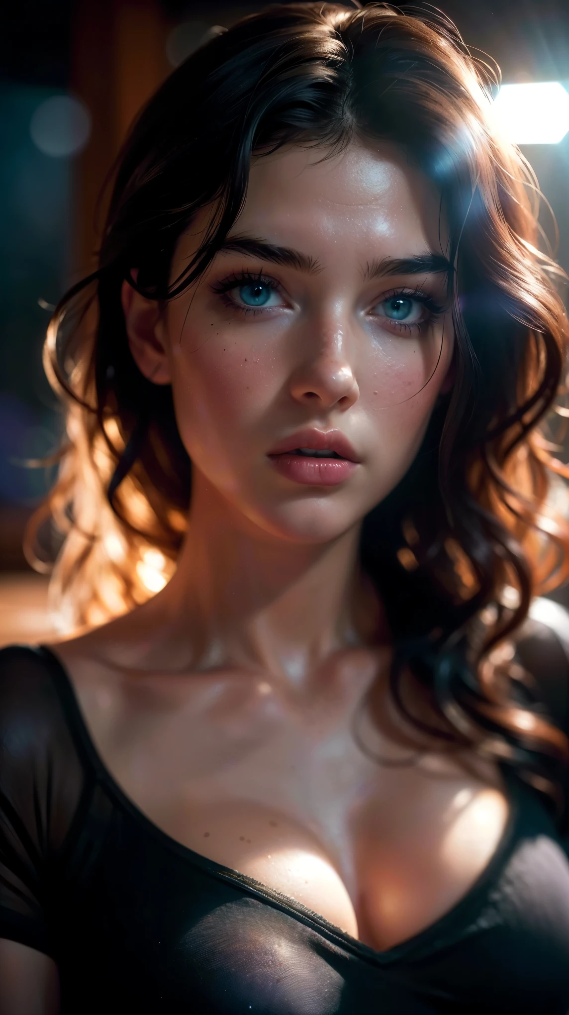 (((ultra realistic))) Photo, masterpiece, top quality, (pale skin), (Ultra detailed face and eyes:1.3), 1 girl, Adult, in a T-shirt, (Eye makeup, mascara) , ((large detailed lips)), ((Dark wavy hair)), ((Chyolka)) , (Natural breasts), Slim waist. ((Posing)), photoshoot, studio (soft lighting), (The play of light and shadows), depth of field, bokeh, (special attention to skin detail: 1.2), Detailed leather texture, skin pores. (Warm atmosphere of the frame. Color range - black, purple, Pink, blue tones), UDR, ((Film grain)), ((rays)), ((glare of the sun)), ((Photo to the waist, close to the camera)) , ultra detialed,