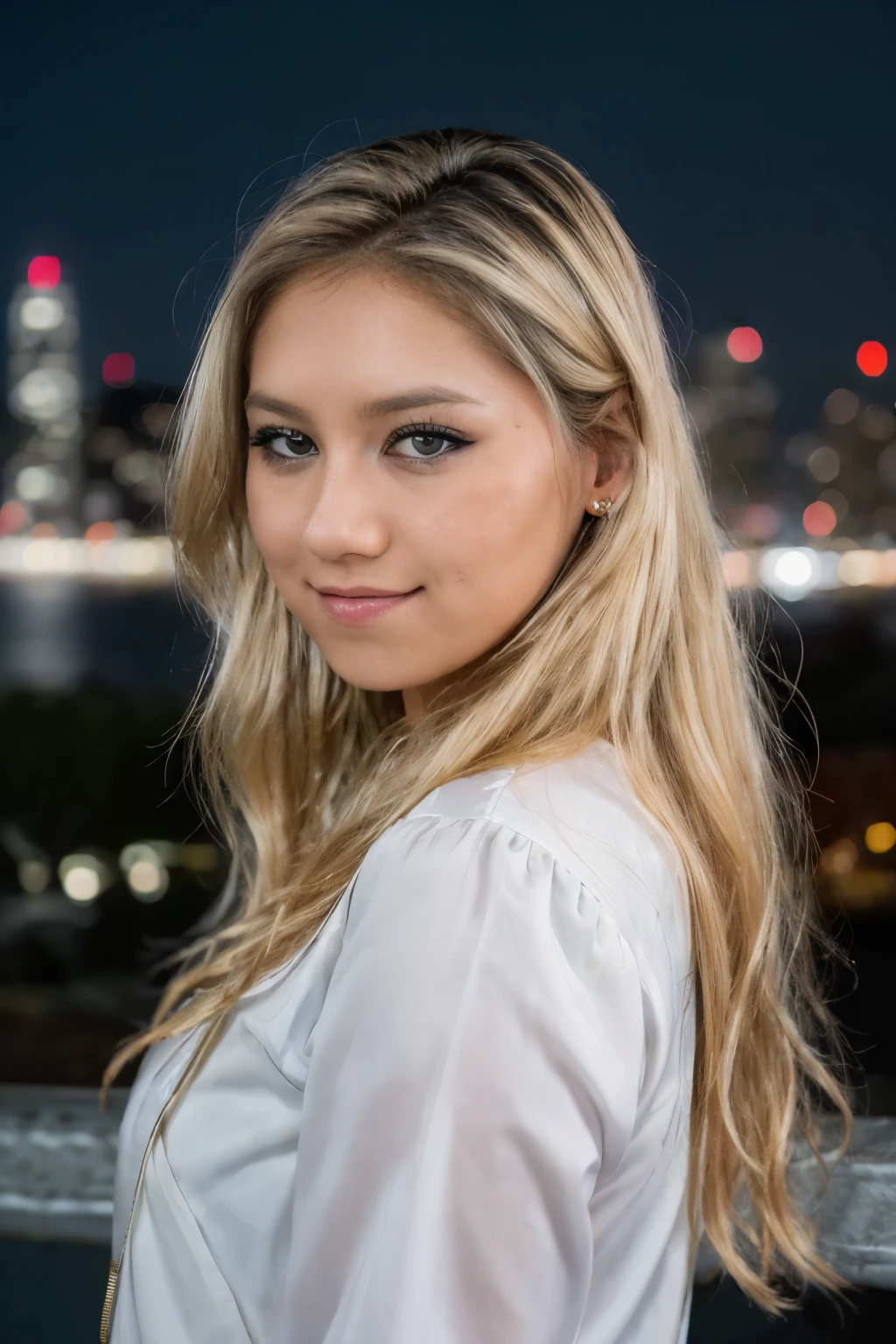 RAW photo of annkou, in glamorous attire, against the backdrop of a cityscape illuminated by city lights, midshot portrait, blonde, realistic skin details, (high detailed skin:1.2), 8k uhd, dslr, soft lighting, high quality, film grain, Fujifilm XT3,  