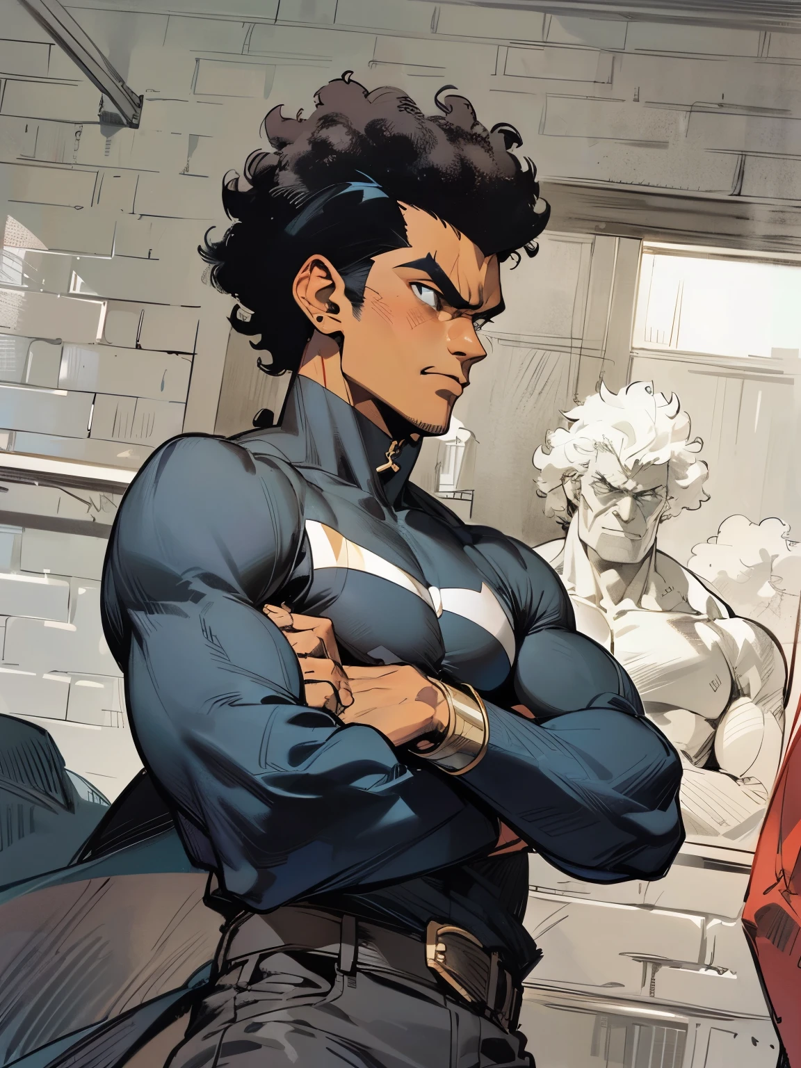 1man, anime style, handsome, ripped, muscular, afro, curly hair, high cheekbones, chiseled jawline, dark skin, strong, manly, black, black man, high definition, black clothes, arms crossed, perfect face, look of superiority, airpods, spiteful