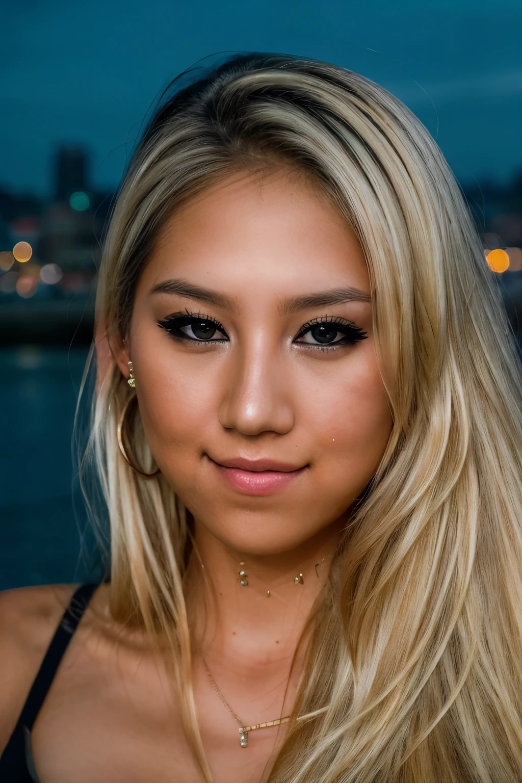 RAW photo of annkou, in glamorous attire illuminated by city lights, portrait, blonde, realistic skin details, (high detailed skin:1.2), 8k uhd, dslr, soft lighting, high quality, film grain, Fujifilm XT3,  