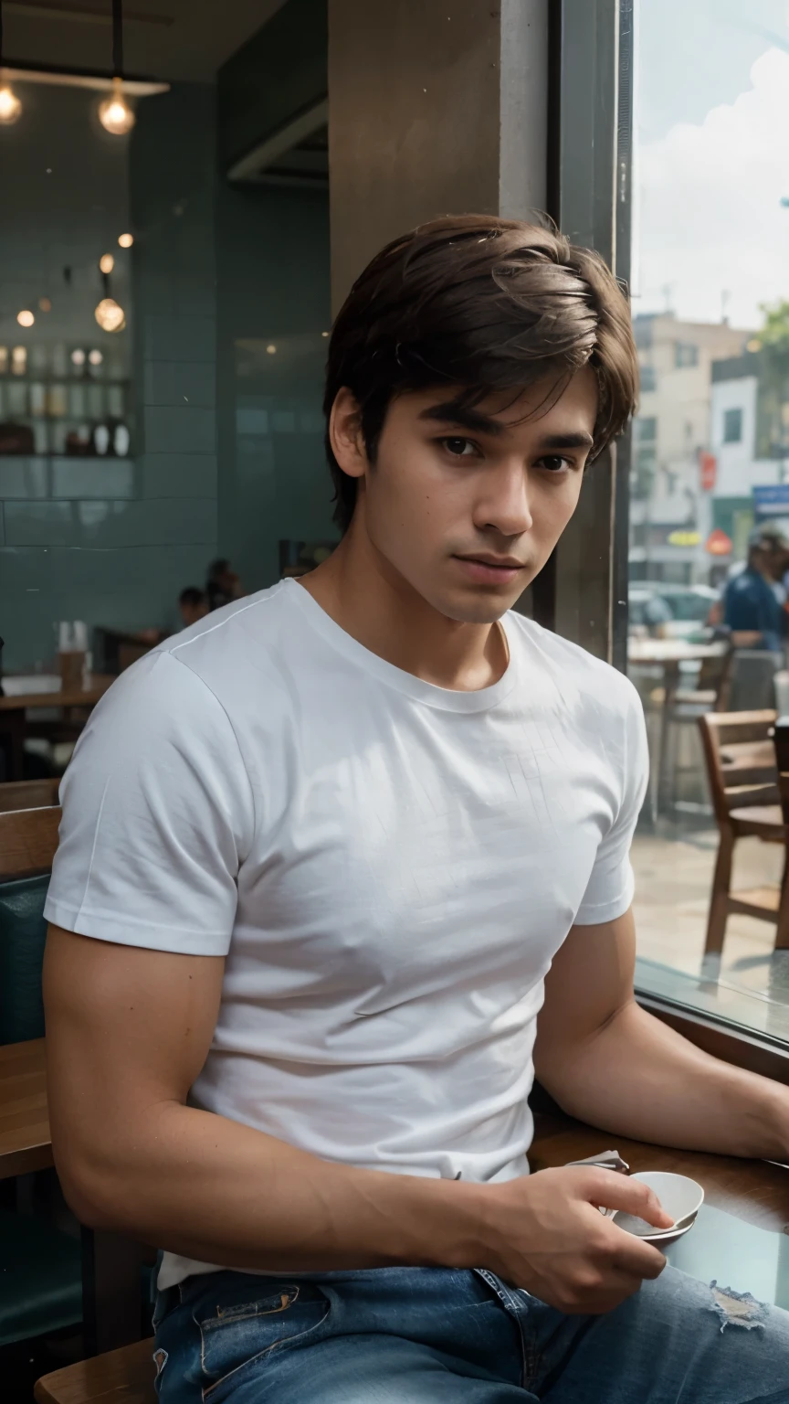 a 20-year-old boy with a masculine body is sitting in an Indian cafe. he is relaxing and an ordered tea is kept on the table. he is wearing a white T-shirt and blue denim jeans. The picture is taken behind a glass in the cafe.  highly detailed, with perfect facial features, Fujifilm XT3, bright day, beautiful lighting, RAW photo, 8k, and film grain.