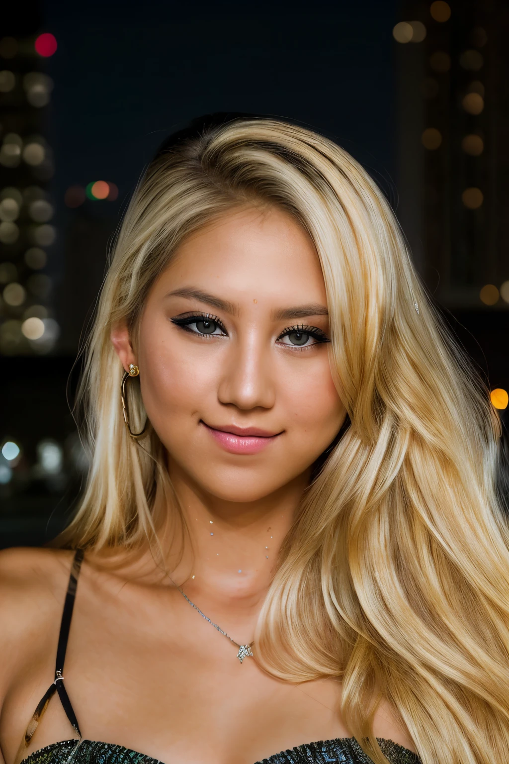 RAW photo of annkou, in glamorous attire illuminated by city lights, portrait, blonde, realistic skin details, (high detailed skin:1.2), 8k uhd, dslr, high quality, iphone