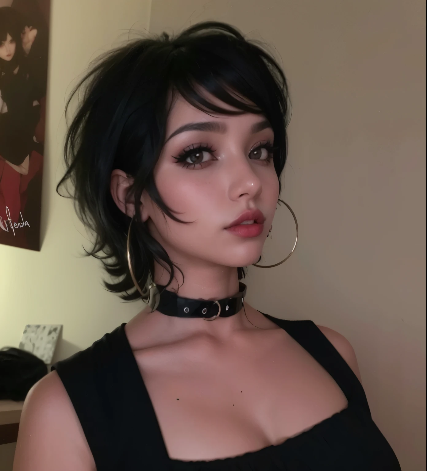 Mulher com um top preto e um estrangulamento preto, 1 7 - year - old goth girl, 1 7 - year - old anime goth girl, messy black bob hair, com cabelo curto, corte de cabelo preto hime, goth girl aesthetic, com cabelo curto with bangs, usando gargantilha preta, goth girl, short messy hair, cabelo preto curto com franja
