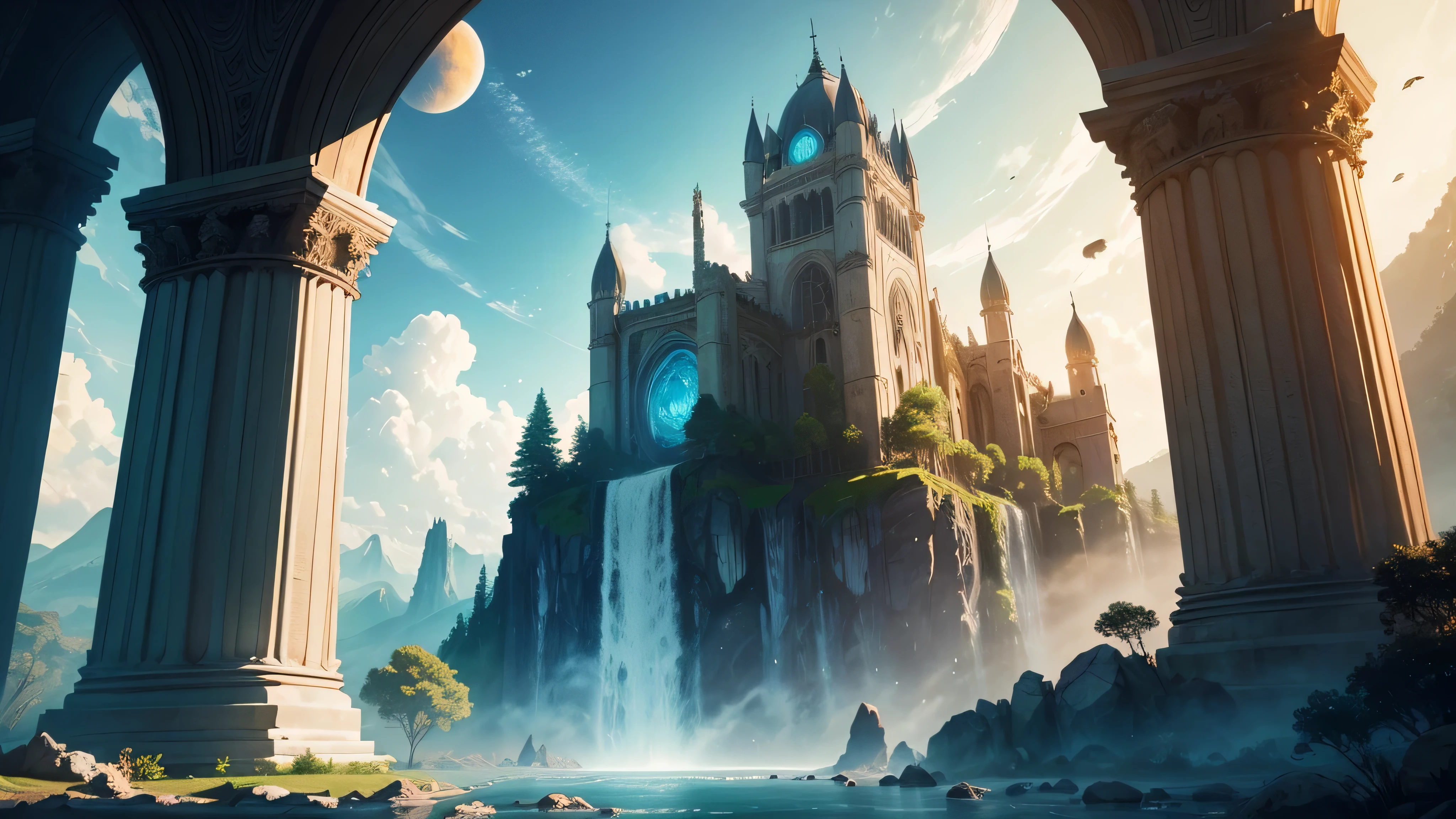 Bela paisagem exuberante, large buildings in ruins, huge ruined bridges, great castles in ruins, templos e colunas antigos e grandes, sky with dense clouds, sol, Lua, floresta com grande, colorful trees, cachoeiras, lindo rio com pedras, campo de profundidade, global illumination, hiper-realista, Efeito vidro quebrado, sem fundo, splendid, algo que nem existe, Being mythical, energia, molecular, Texturas, iridescente e luminescente, breathtaking beauty, pure perfection, Divine Presence, unforgettable, Impressionante, breathtaking beauty, volumetric light, auras, raios, cores vivas refletemlight, auras, raios, cores vivas refletem, aquarela, oil color, trends on artstation, sharp focus, studio photo, detalhes intrincados, altamente detalhado,