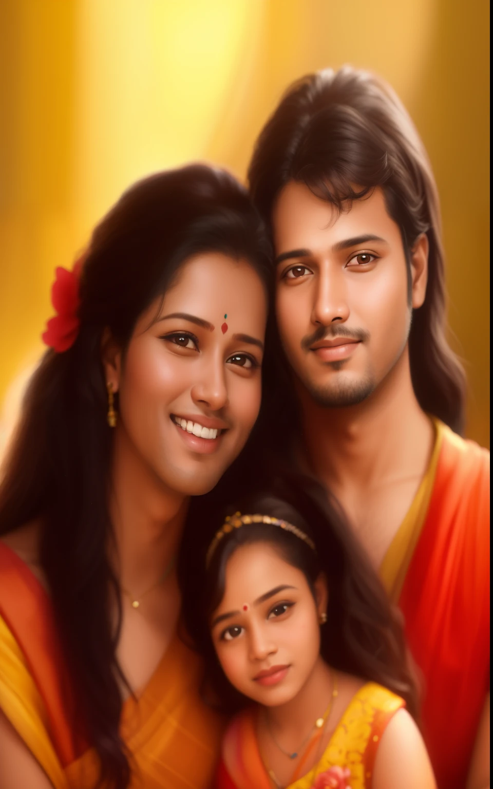 a close up of a woman and a man with a , happy family, family, portrait of family of three, fanart, family portrait, realistic portrait photo, by Thota Vaikuntham, official fanart, realistic studio portrait, color portrait, husband wife and son, photo realistic portrait, detailed color portrait, airbrush digital oil painting, avatar image
