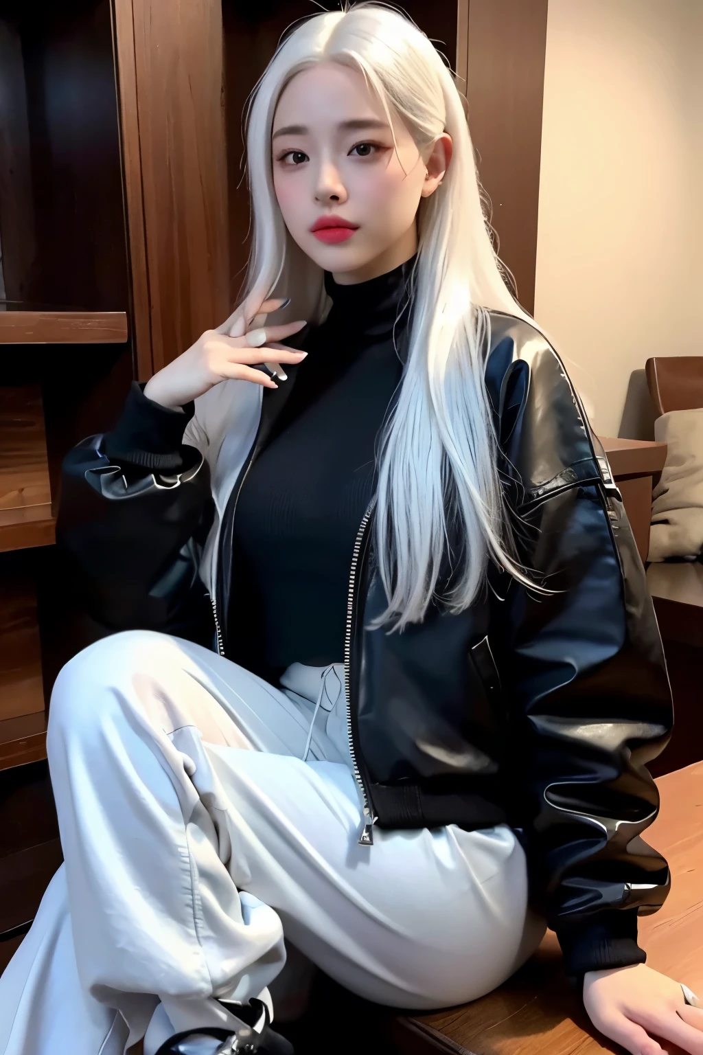 realistic, High resolution, 1 female, glowing skin, alone, wide lips,long hair,straight hair,saggy breasts,small face,white hair,Color Contacts,Black down jacket,Sweat pants,Purse your mouth,Kissing mouth,Full body coordination,World heritage background