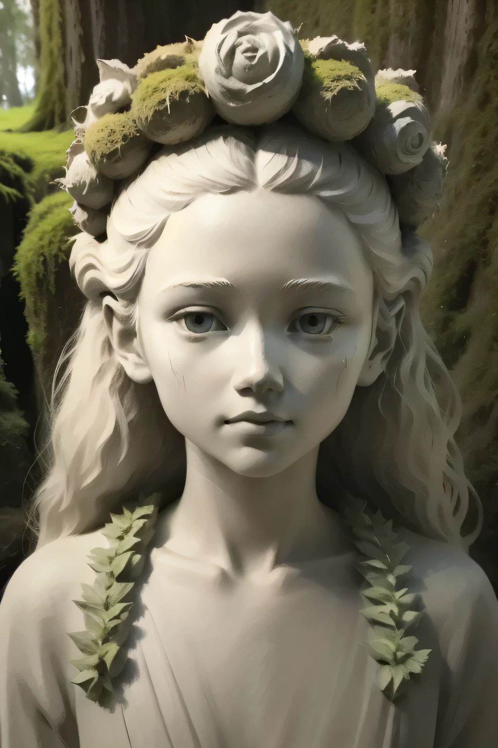 a close up of a statue of aKIDS GIRL BLONDE 12 years old, portrait, with moss growing on his face, god of nature, god of the forest, nature art, incredible art, mother nature, mossy head, made of vines, enchanted with nature spirit, his head covered in roots, vine art, hair made of trees