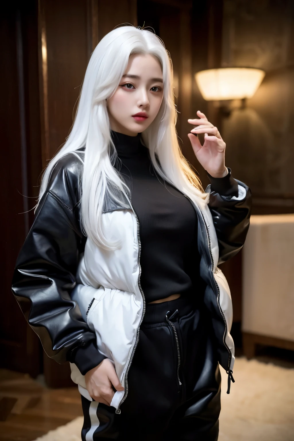 realistic, High resolution, 1 female, glowing skin, alone, wide lips,long hair,straight hair,saggy breasts,small face,white hair,Color Contacts,Black down jacket,Sweat pants,Full body coordination,World heritage background