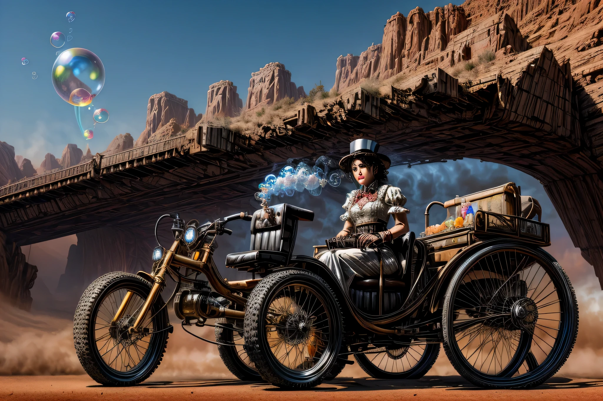 photo of realistic,wide shot, full shot,realistic, top quality, ultra high resolution, depth,highest detailed,A beautiful scientist rides a steampunk tricycle, has a soap bubble making machine attached to the body, the handle is also a soap bubble making machine, bubbles come out of the tires, scatters soap bubbles, runs through the desert, dust clouds desert background, daylight, bright colors, colorful, filigree, smoke, destruction, debris flying, natural shading