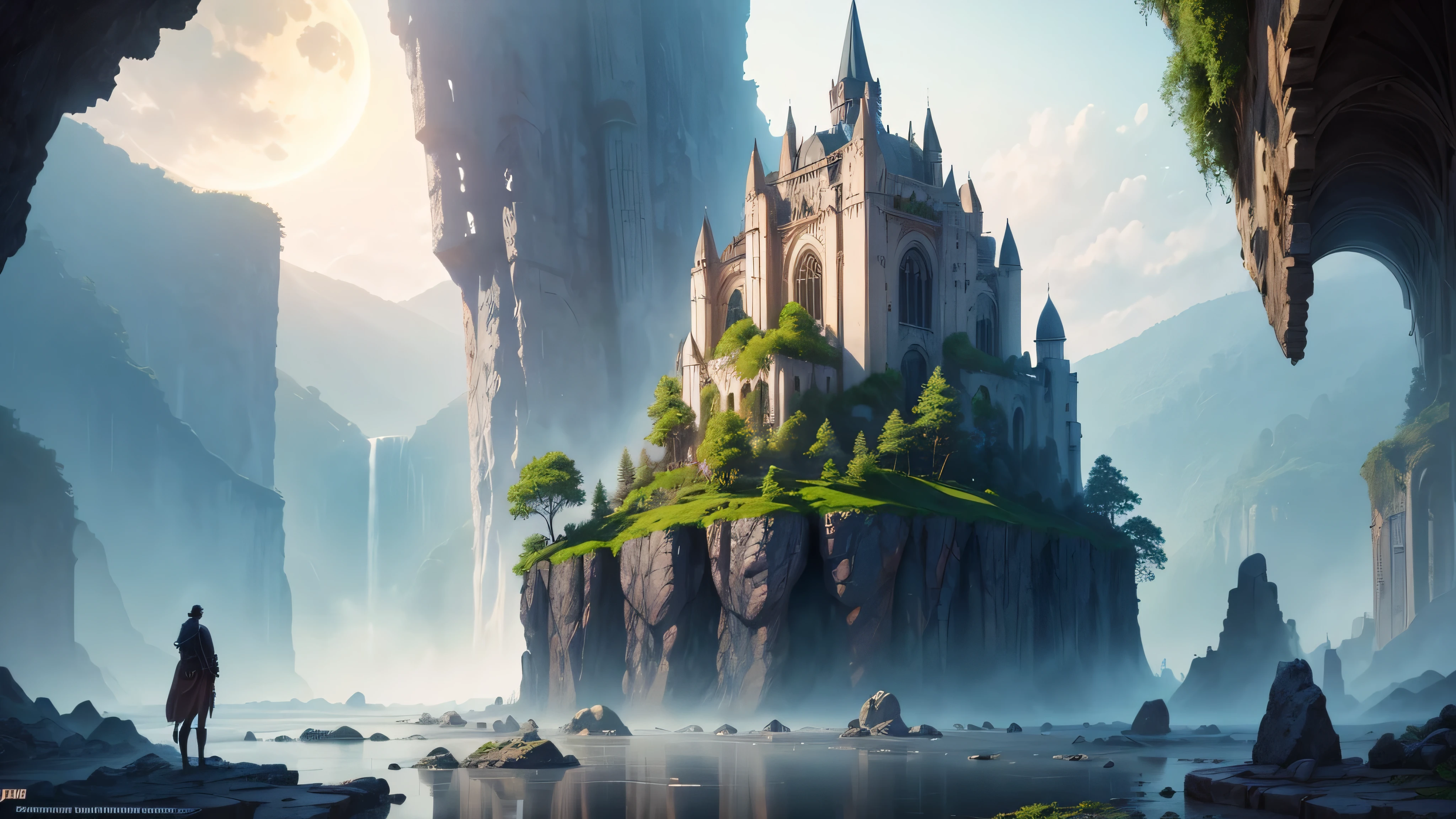 Bela paisagem exuberante, large buildings in ruins, huge ruined bridges, great castles in ruins, templos e colunas antigos e grandes, sky with dense clouds, sol, Lua, floresta com grande, colorful trees, cachoeiras, lindo rio com pedras, campo de profundidade, global illumination, hiper-realista, Efeito vidro quebrado, sem fundo, splendid, algo que nem existe, Being mythical, energia, molecular, Texturas, iridescente e luminescente, breathtaking beauty, pure perfection, Divine Presence, unforgettable, Impressionante, breathtaking beauty, volumetric light, auras, raios, cores vivas refletemlight, auras, raios, cores vivas refletem, aquarela, oil color, trends on artstation, sharp focus, studio photo, detalhes intrincados, altamente detalhado,