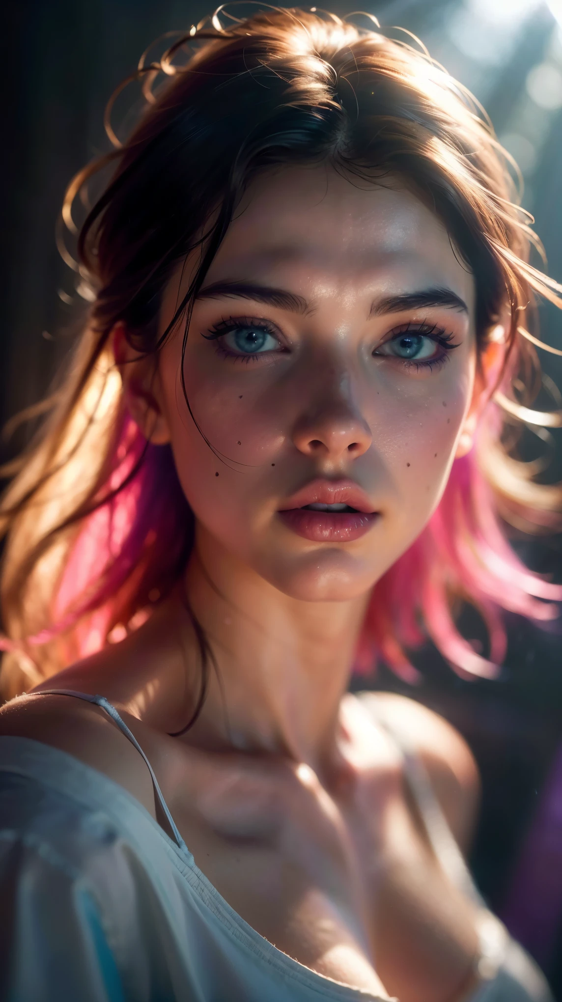 (((ultra realistic))) Photo, masterpiece, top quality, (pale skin), (Ultra detailed face and eyes:1.3), 1 girl, Adult, in a T-shirt, (Eye makeup, mascara) , ((large detailed lips)), ((purple волнистые волосы)), ((Chyolka)) , (Natural breasts), Slim waist. ((Posing)), photoshoot, studio (soft lighting), (The play of light and shadows), depth of field, bokeh, (special attention to skin detail: 1.2), Detailed leather texture, skin pores. (Warm atmosphere of the frame. Color range - black, purple, Pink, blue tones), UDR, ((Film grain)), ((rays)), ((glare of the sun)), ((waist up portrait, close to the camera)) , ultra detialed,