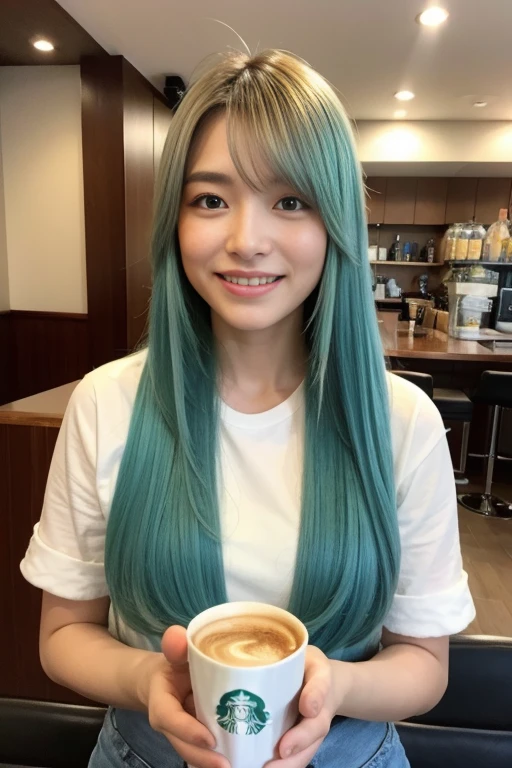 cabelos com mechas azul claro , tomando cafe na starbucks,muito feliz