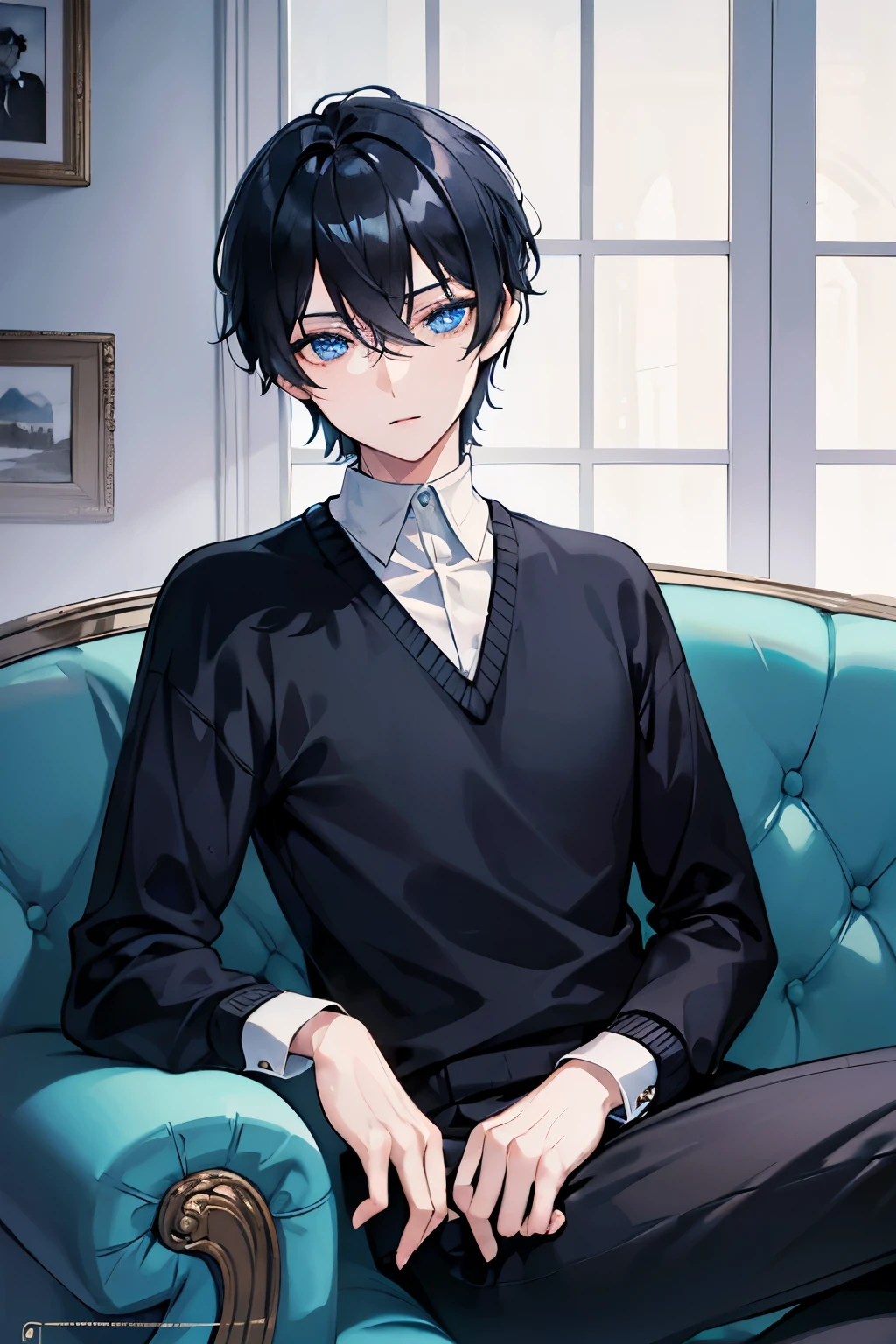 male　black hair　blue eyes　short hair　one person　sweater　slacks　aristocratic mansion　plush furnishings　Lying on the sofa　masterpiece　Highest image quality　noise removal　clear parts 　cinematic shadow　Increased attractiveness of the eyes　clear parts the shine of the eyes　Draw eyelashes neatly　perfect eyes　detailed eyes　Sharpen image quality　Sharpen eye writing　clear parts eye shape