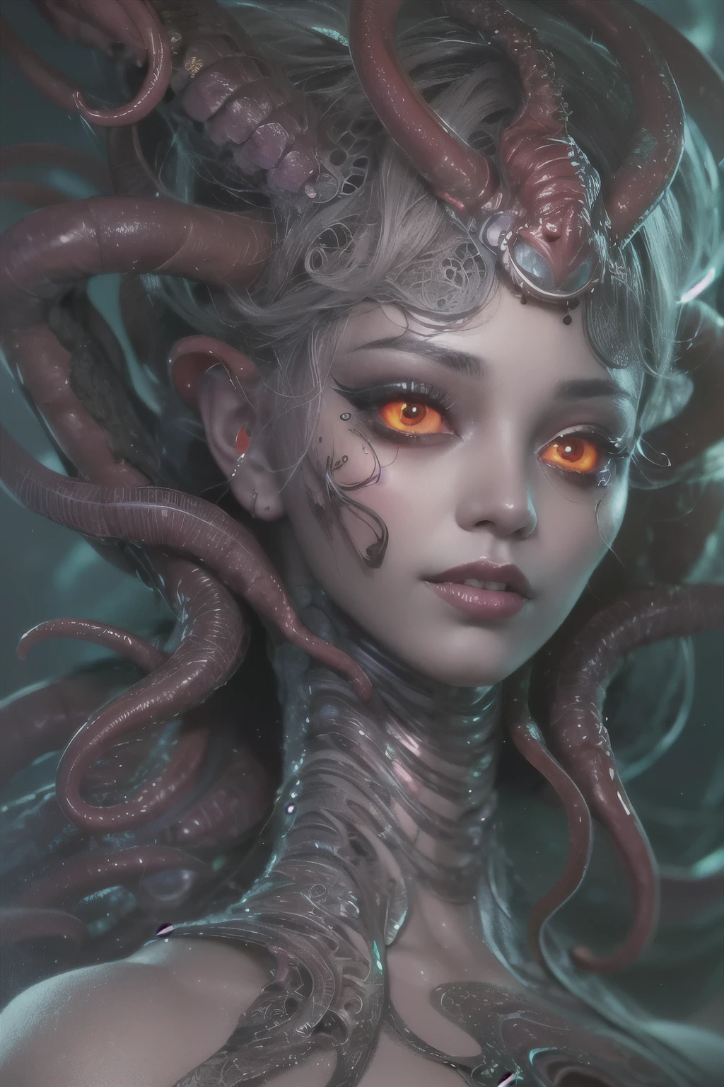 (1 beautiful and obscene female alien:1.4), (There is a female genital-like organ in the middle of her forehead:1.95), She has medusa-like hair, (there are lots of translucent tentacles from her head like her hair:1.5), (vulgarity1.7), (she is looking down at viewers with glowing red eyes with no pupils:1.6), (She has translucent pale skin:1.4),(She has the most beautiful face in the history of the universe:1.2), (She has multiple bioluminescent organs on the side of her tentacles:1.4), (Her body is covered with an iridescent exoskeleton:1.4), (She is showing her arm pits:1.6), an evil gaze that seduces, (looking down at viewers:1.4),(Vampire-like long canine teeth can be glimpsed through the gap between the cute lips:1.4) (bio luminescent:1.4), (Smile wickedly:1.3), (sexypose:1.4), alien, No humans, cells are fused, extraterrestrial, cell, bio image, ultra high resolution, (photos realistic:1.7), (Numerous award-winning masterpieces, with incredible detail, textures and maximum detail), Dramatic Lighting, cinematic quality, (exquisite details:1.2), High freshness, drawing faithfully, (Thick eyebrows:1.2), Beautiful eyes with fine symmetry,(Highly detailed face and eyes:1.2),(Super detailed skin quality feeling:1.4), perfect anatomy, (Beautiful toned body:1.5), (Moist skin:1.2), not wearing makeup, (dark circles:1.1), long canines, cinematic drawing of characters, cinematic quality, (exquisite details:1.2), high resolution, High freshness, drawing faithfully, official art, Unity 8K Wall paper, ultra detailed artistic photography, midnight aura, unreal engine 5, Ultra Sharp Focus, art by Amano Yoshitaka, ArtGerm, ultra realistic realism, dream-like, Creation of fantasy, dream Snail, (biopunk nautilus:1.3),Thrilling color schemes, seductively smiling, Amazing mutation, well-proportioned body, goddess of the deep sea, fractal, Geometric pattern, impossible figures, subtle emerald green accents, (expression of ecstasy:1.5)
