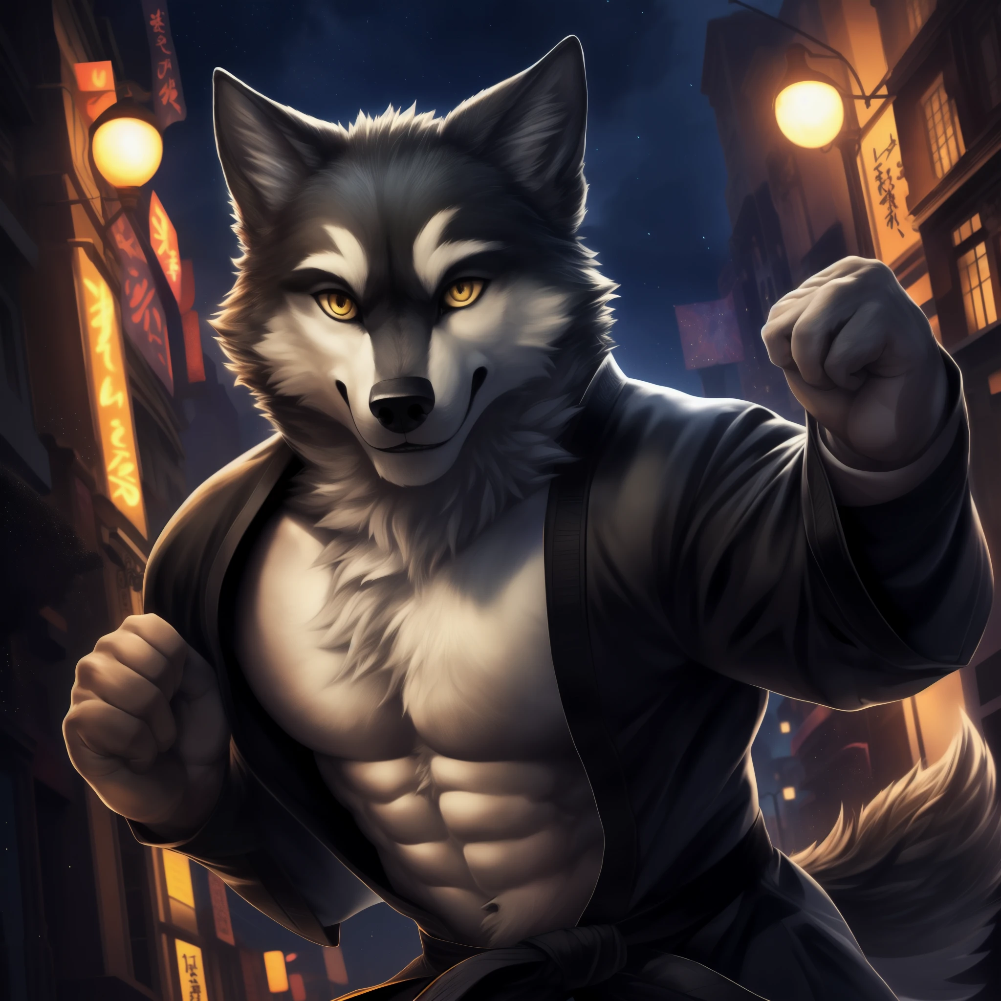 solo, (middle-aged male), (muscular, rascal), shaman, (male anthro wolf):1.3, black body, white belly, white belly, (standing):1.3, (fight:1.4) (training):1.23, (detailed costume, martial art, green & white Pattern: 1.2), detailed eyes, wolf tail, wolf ears, ((bust portrait)), (detailed eyes, yellow eyes,): 1.1, (outdoor: 1.35), wind, street lights, street, stars, night , (particles, scattered letters, orange glow): 1.3, detailed background, realistic, realistic hands, 8k hd, (dark shadows, wide dynamic range, hdr, low light: 1.2) ((Five fingers))