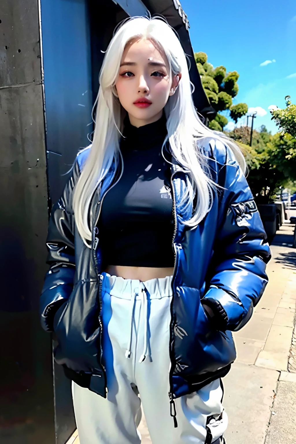 realistic, High resolution, 1 female, glowing skin, alone, wide lips,long hair,straight hair,saggy breasts,small face,white hair,Color Contacts,Black down jacket,Sweat pants,Full body coordination,World heritage background,noon,blue sky
