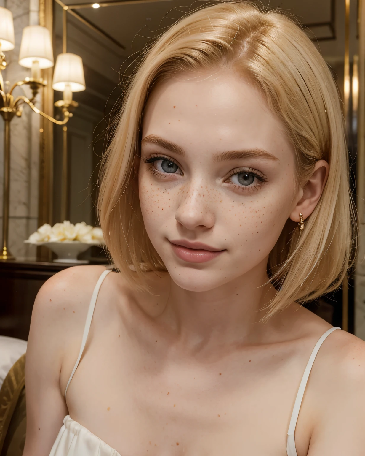 1girls, (18-year-old Caucasian girl), (blonde hair), short hair, blue eyes, (seductive eyes), (smiling), (hot small bra), (small busts), slender body, smooth abs, cleavage, (body hair), close-up, looking at the viewer