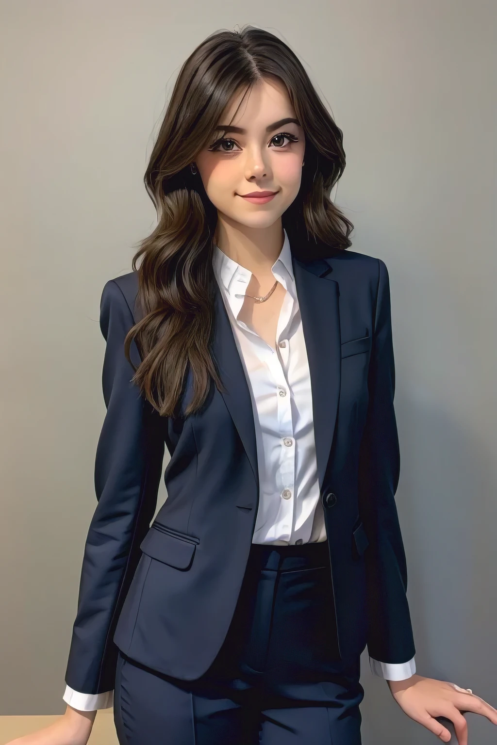 25years old beautiful-looking girl little smile, stylish suit ,(( one standing Celeste Verona looking at camera)), strate head, simple one colour background