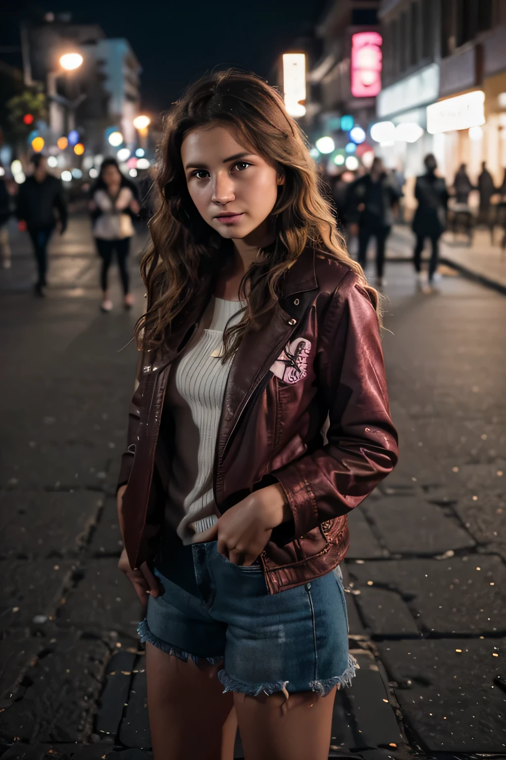 create a digital painting from candid street photography of a young russian female pedestrian crossing intersection, Capture the spontaneity and authenticity of the moment, looking away, beach waves hair, windy days, casual and loose attire, magenta rim light, bokeh background, film stock, Nighttime, The use of an 85mm f/1.4 lens is encouraged, emphasizing a shallow depth of field to isolate the subject from the very dark background