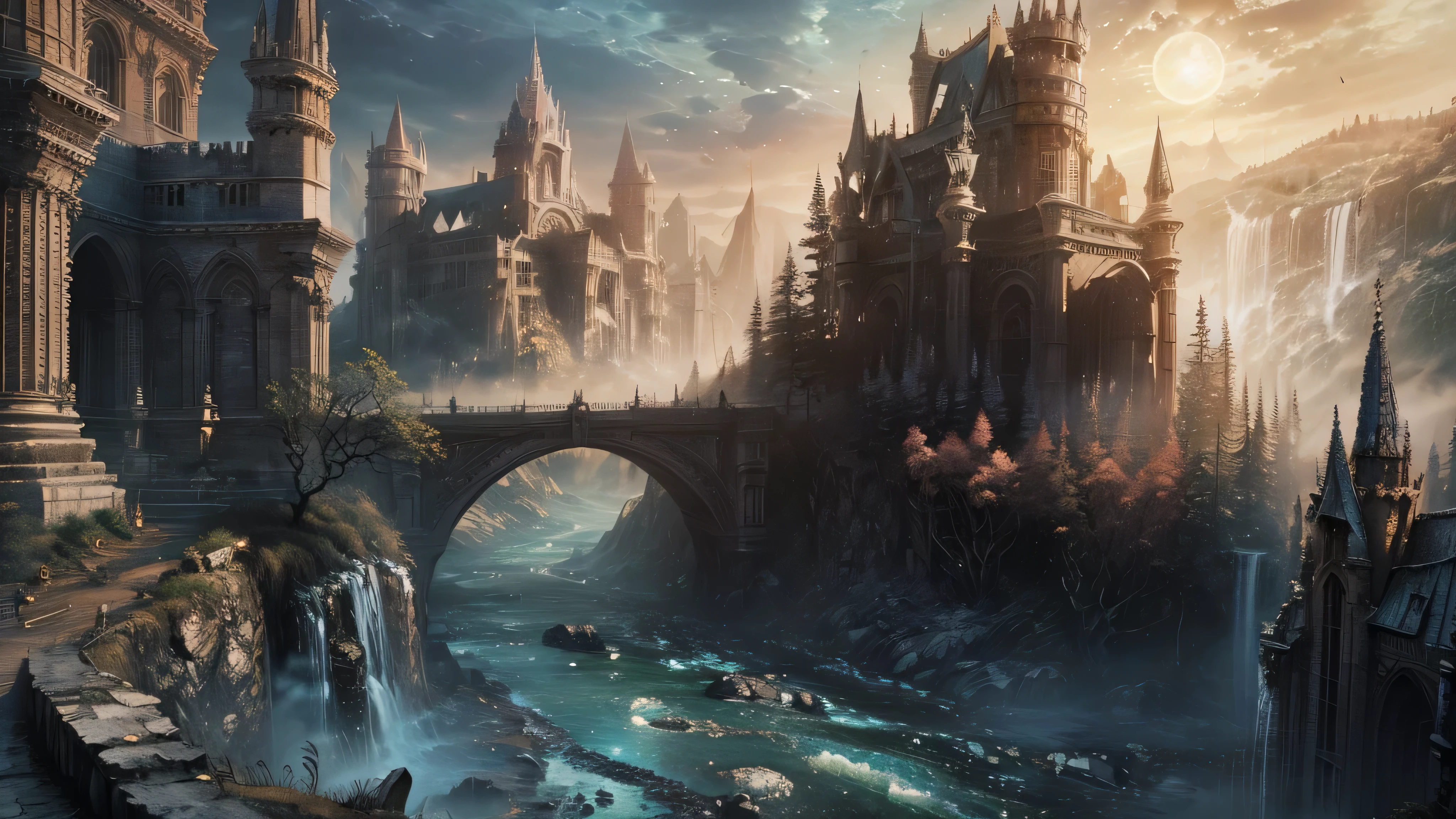 Bela paisagem exuberante, large buildings in ruins, huge ruined bridges, great castles in ruins, templos e colunas antigos e grandes, sky with dense clouds, sol, Lua, floresta com grande, colorful trees, cachoeiras, lindo rio com pedras, campo de profundidade, global illumination, hiper-realista, Efeito vidro quebrado, sem fundo, splendid, algo que nem existe, Being mythical, energia, molecular, Texturas, iridescente e luminescente, breathtaking beauty, pure perfection, Divine Presence, unforgettable, Impressionante, breathtaking beauty, volumetric light, auras, raios, cores vivas refletemlight, auras, raios, cores vivas refletem, aquarela, oil color, trends on artstation, sharp focus, studio photo, detalhes intrincados, altamente detalhado,