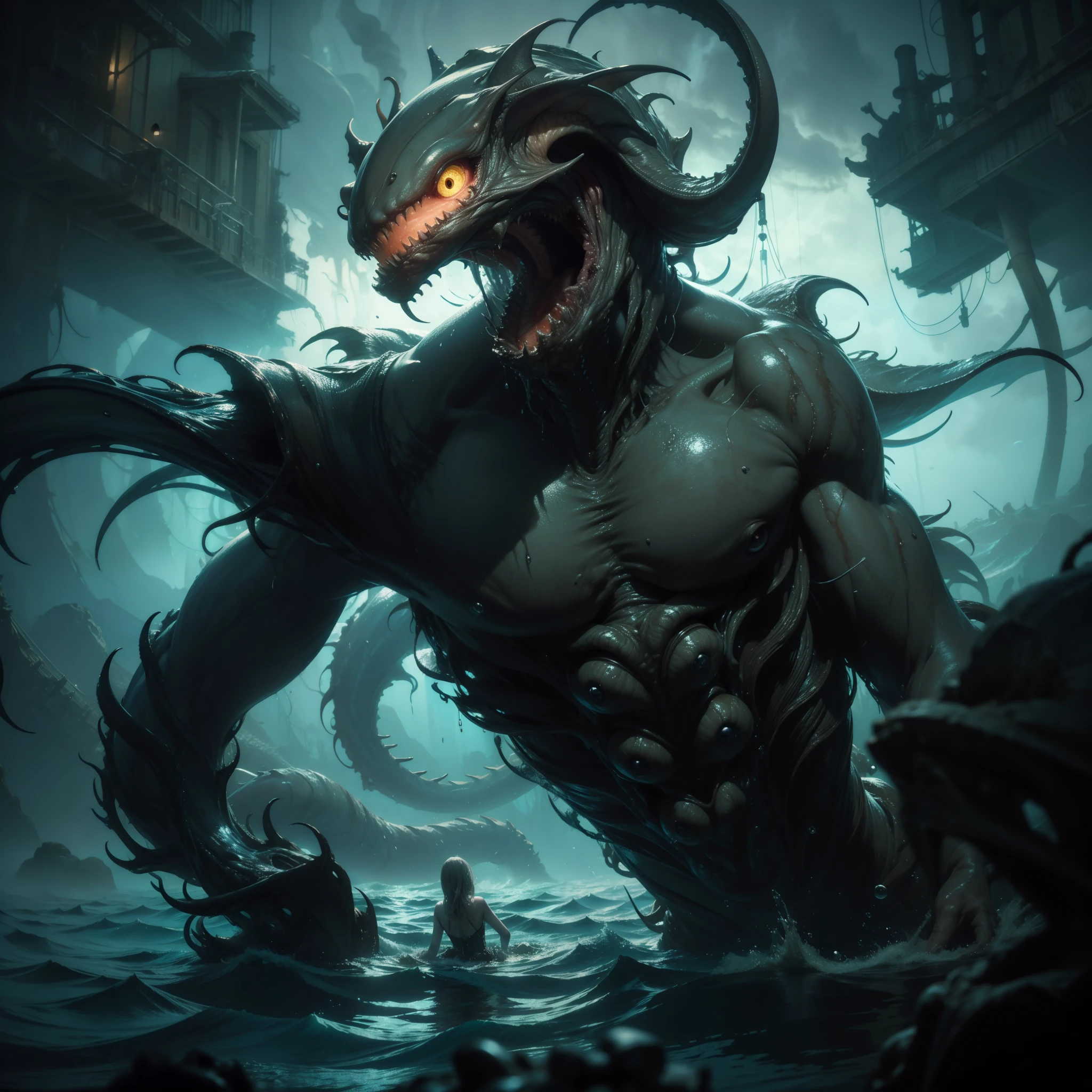 Masterpiece, Realistic: A terrifying squid monster lurks in the depths of the sea, captured in an Underwater POV that immerses the viewer into its watery domain. The monster's internal organs, though disgusting and impure, are depicted with amazing detail and accuracy, its pale skin contrasting strikingly with the dark, yellowish water. The image is further enhanced by the presence of water mist, fog, and dark, smoke details, all contributing to the cinematic lighting that envelopes the scene. With big, terrifying eyes and a frightful expression, this squid monster is an unsettling masterpiece, reminiscent of the horrors found in Sil