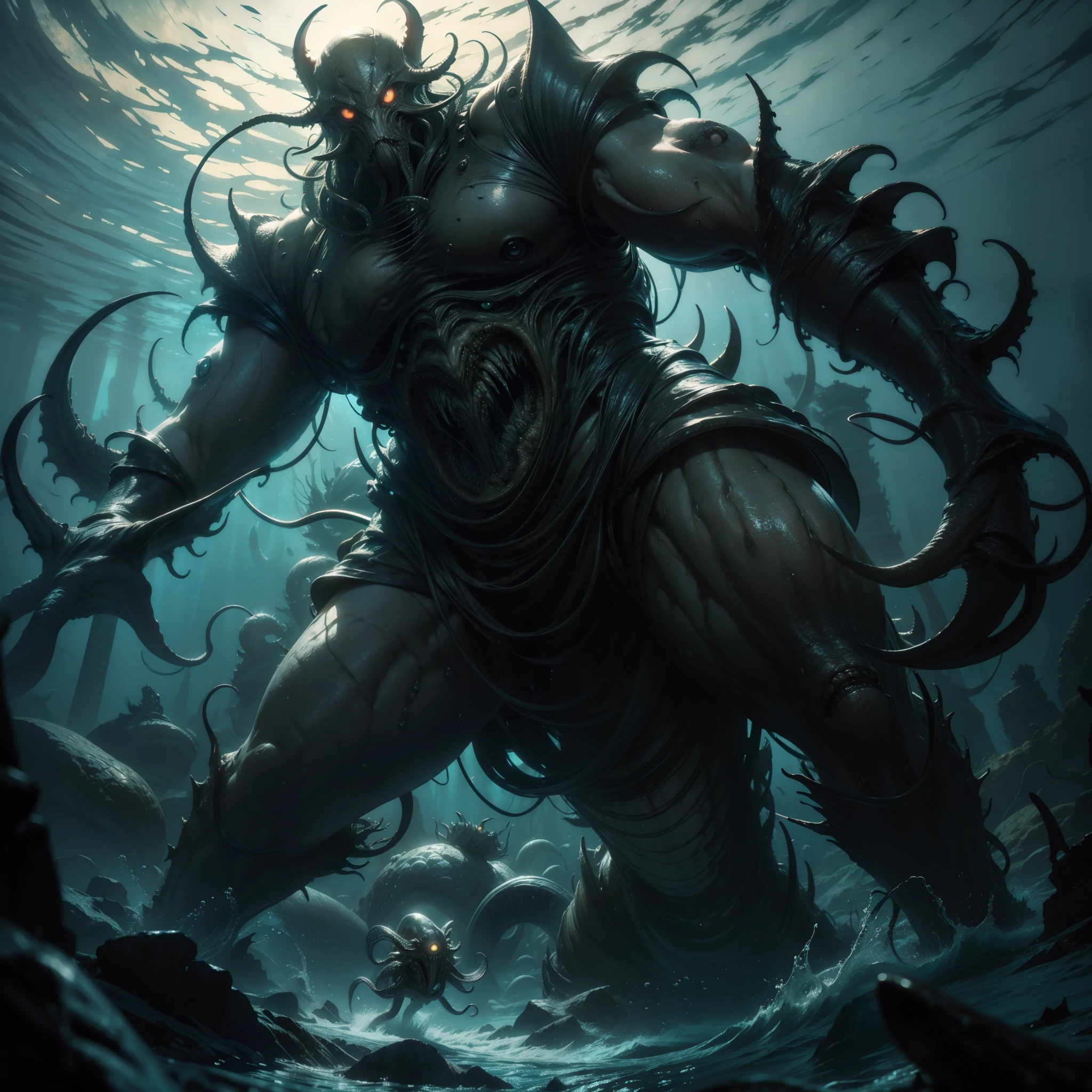 Masterpiece, Realistic: A terrifying squid monster lurks in the depths of the sea, captured in an Underwater POV that immerses the viewer into its watery domain. The monster's internal organs, though disgusting and impure, are depicted with amazing detail and accuracy, its pale skin contrasting strikingly with the dark, yellowish water. The image is further enhanced by the presence of water mist, fog, and dark, smoke details, all contributing to the cinematic lighting that envelopes the scene. With big, terrifying eyes and a frightful expression, this squid monster is an unsettling masterpiece, reminiscent of the horrors found in Sil