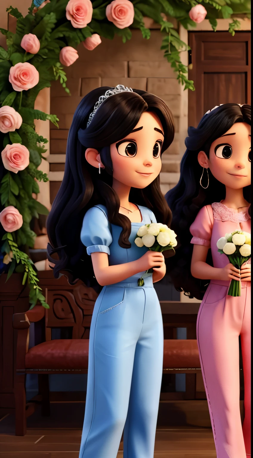 Two women celebrating as they caught the wedding bouquet, one white woman with long black hair wearing a terra cotta dress and hand over her mouth, the other wearing a pink jumpsuit, brunette with black medium hair holding bouquet of flowers with him for self celebrating 
