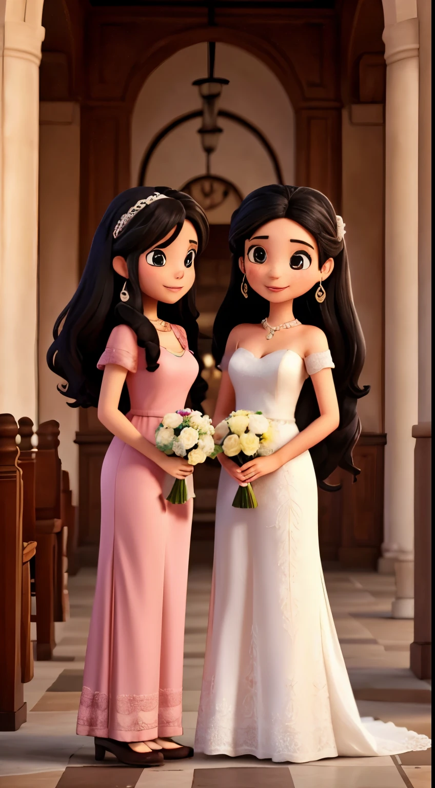 Two women celebrating as they caught the wedding bouquet, one white woman with long black hair wearing a terra cotta dress and hand over her mouth, the other wearing a pink jumpsuit, brunette with black medium hair holding bouquet of flowers with him for self celebrating