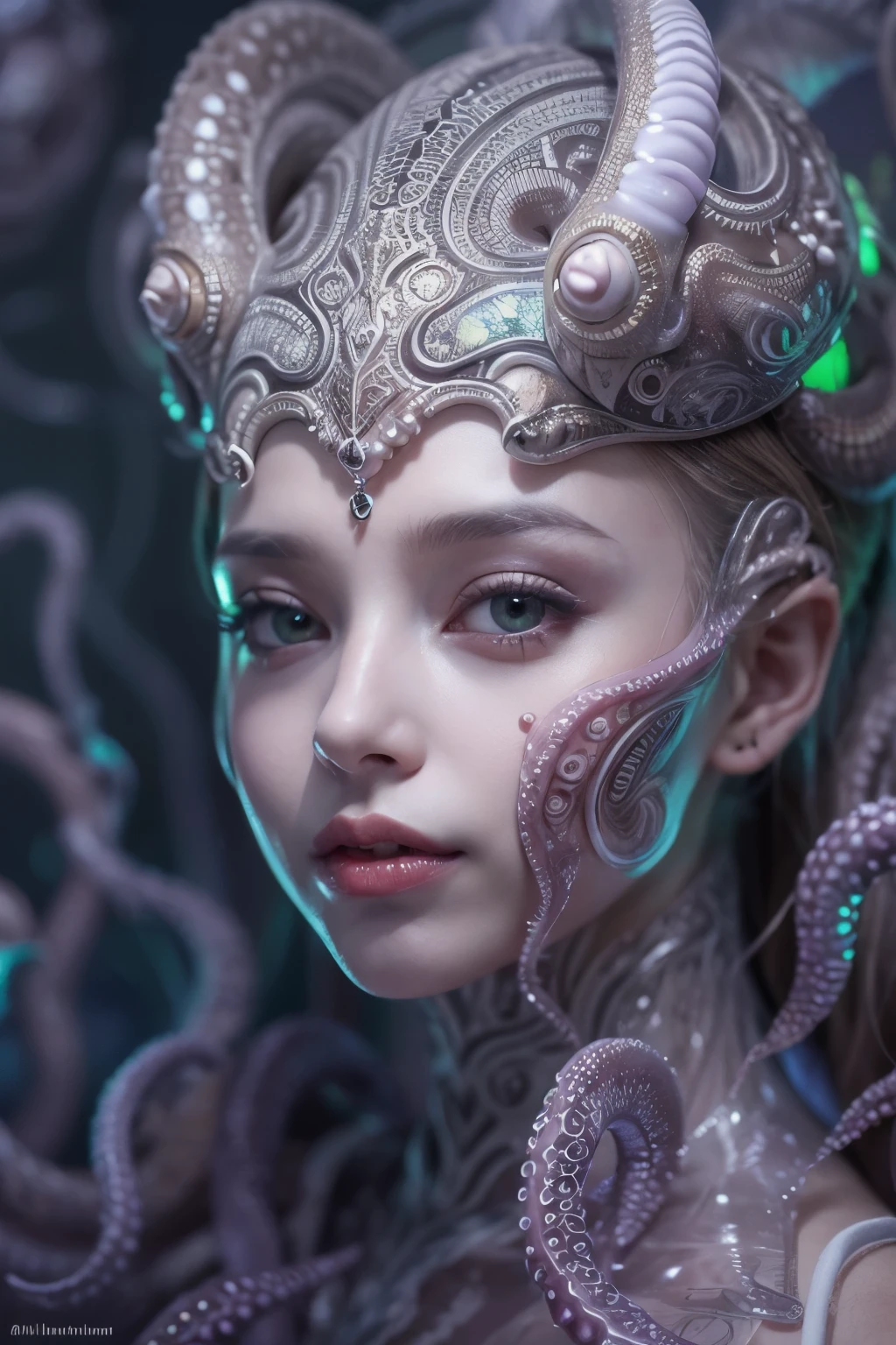 (A portrait of one beautiful and ??????? female alien who is a young teenager:1.4), ((There is a female ???????-like organ in the middle of her forehead:1.8)), (realistic face:1.2), (Numerous award-winning masterpieces, with incredible detail, textures and maximum detail), artistic photography, midnight aura, unreal engine 5, Ultra Sharp Focus, art by Amano Yoshitaka, ArtGerm, Roisch, intricate artwork, ultra realistic realism, high resolution, High freshness, drawing faithfully, official art, Unity 8K Wall paper, ultra detailed artistic photography, dream-like, Creation of fantasy, dream Snail, (biopunk nautilus:1.3),Thrilling color schemes, seductively smiling, Amazing mutation, well-proportioned body, goddess of the deep sea, fractal, Geometric pattern, impossible figures, (translucent white tentacles with luminescent organs:1.4), subtle emerald green accents, (smiling seductively:1.3),(She has the most beautiful face in the history of the universe:1.5), Penelope Cruz, (she is looking down at viewers with glowing iridescent eyes with no pupils:1.3), an evil gaze that seduces, cinematic lighting, (Vampire-like long canine teeth can be glimpsed through the gap between the cute lips:1.3), in the hall of the palace, Sweet breath is exhaling from beautiful lips, ecstatic expression
