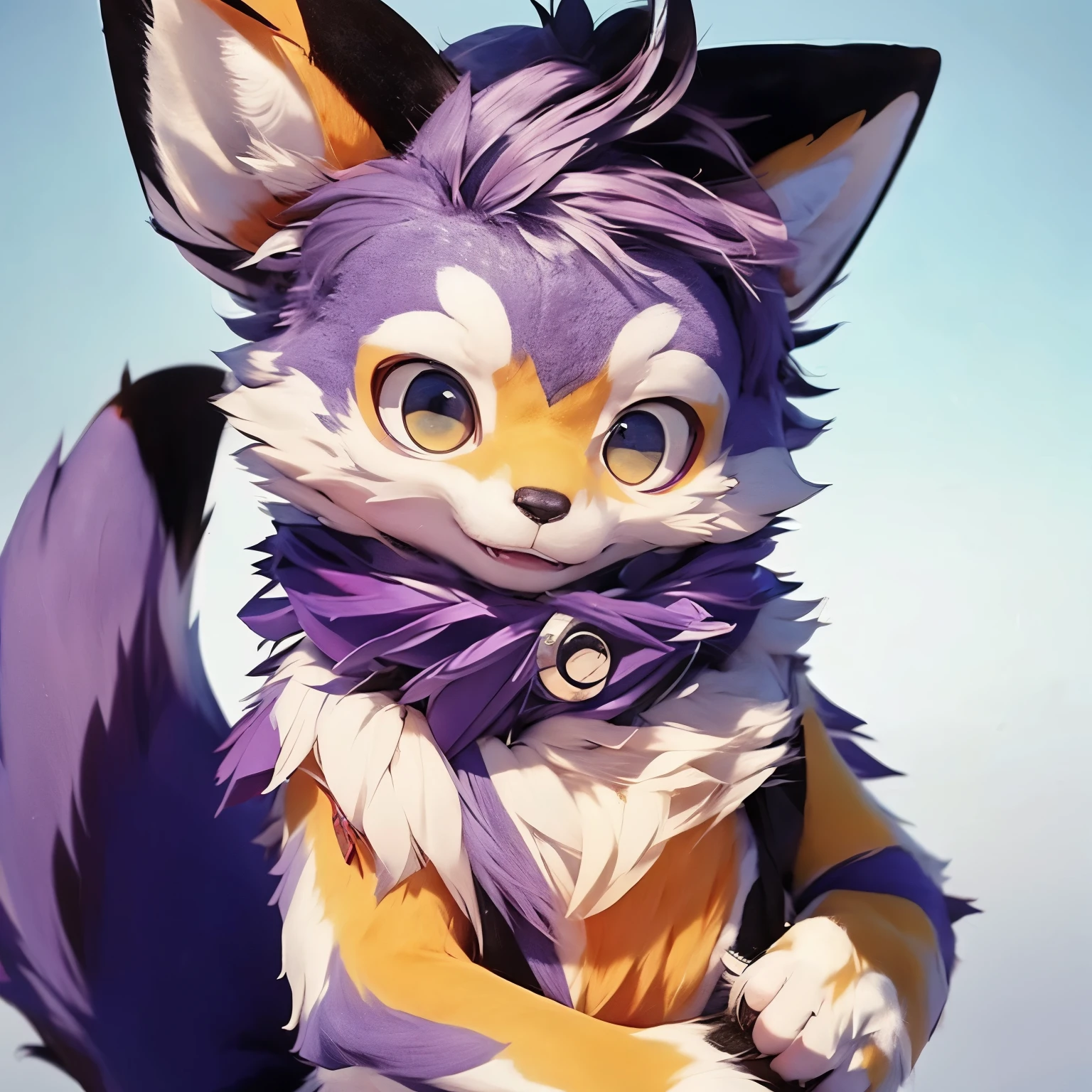 a close up of a Fox with a furry face and a purple collar, purple hair，hypdertailed, fursona art, falvie, ahri, fleurfurr, fursona!!!!, furry art, furry art!!!, anime Fox, fox nobushi, kitsune, white fox anime, fursona, three - tailed fox, pov furry art, furred