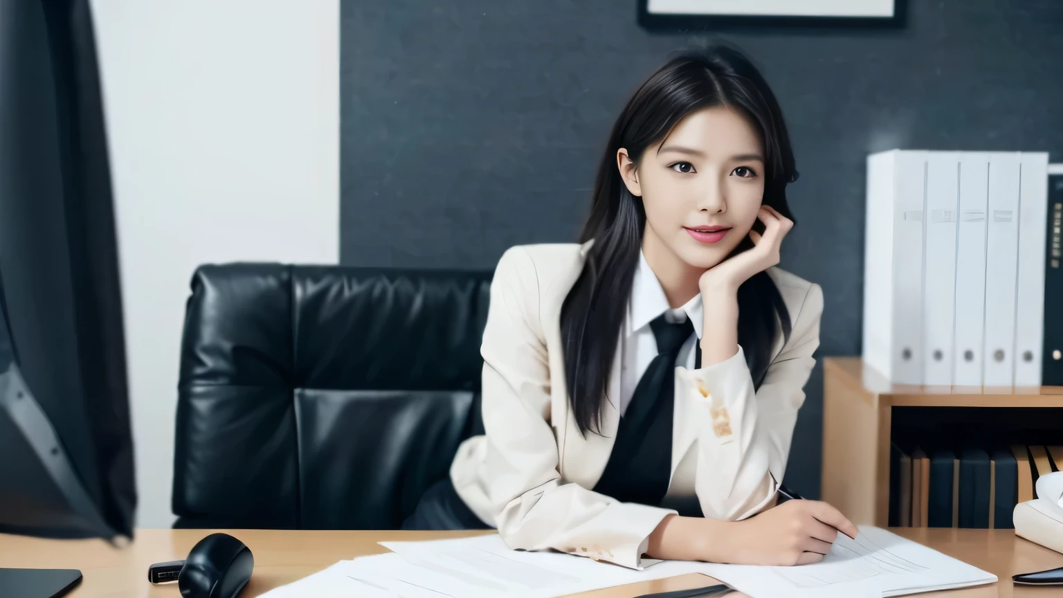 theme: Real and professional photos，Well-dressed businesswoman showing in office environment. Tipo de imagen: Photographic art style: realism, Professional photography camera: High quality DSLR camera，Shoot with excellent resolution: Well composed shot of businesswoman in office environment、natural shots, Demonstrate professionalism and confidence. Rendering-related information: Present photos in an authentic and professional way, Capture your subject’s clothing, balance, and modern office atmosphere. Camera shooting type: Professional office photography lens: Standard lens lighting: Studio or office lighting, Highlight your subject’s appearance，Create an elegant and formal atmosphere.