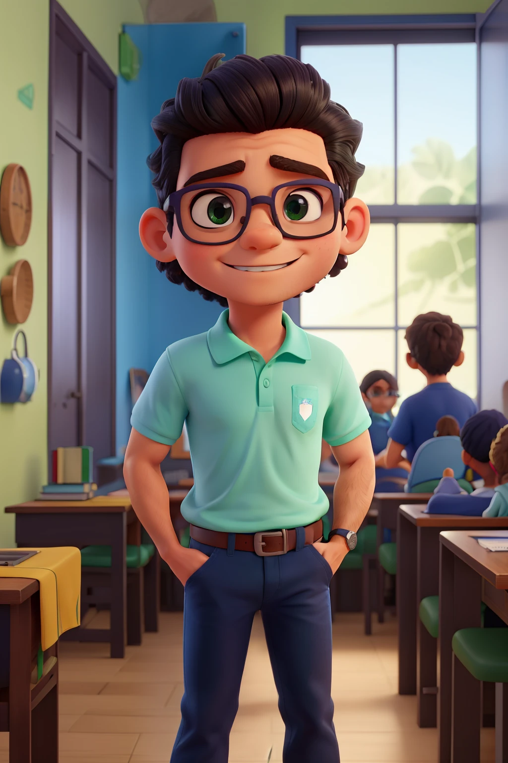 Professor Hélio Gopfert Jr . Desenhos animados em camisa polo azul royal com gola e mangas de cor verde bandeira, escrito na altura do peito ZeroHum em branco. navy blue jeans, crossed arms, olhando para frente e sorrindo com os dentes levemente aparecendo aparecendo; Olhos grandes preto, cabelos grisalhos, wearing glasses with mulatto hair in the background, uma sala de aula com alunos sentados em carteiras de cor azul, background clock and plaque on the wall with the words Colégio ZeroHum in blue and green on a white background.