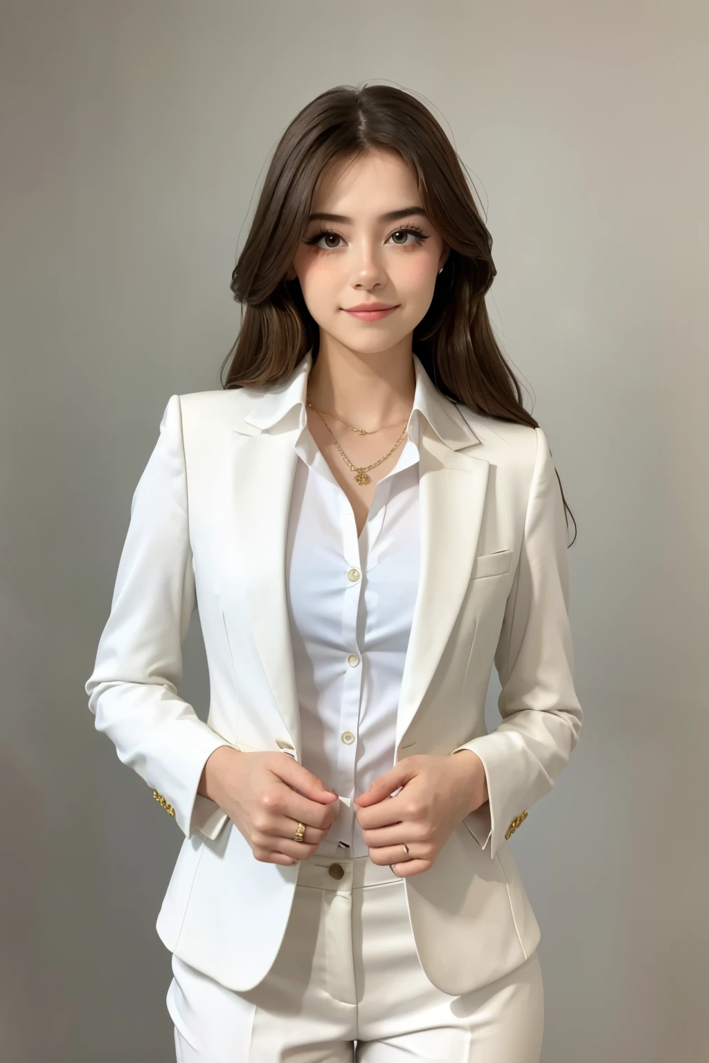 25years old beautiful-looking girl little smile, wearing beautiful stylish suit, and white shirt. ((one standing Celeste Verona looking at camera)), simple one colour background