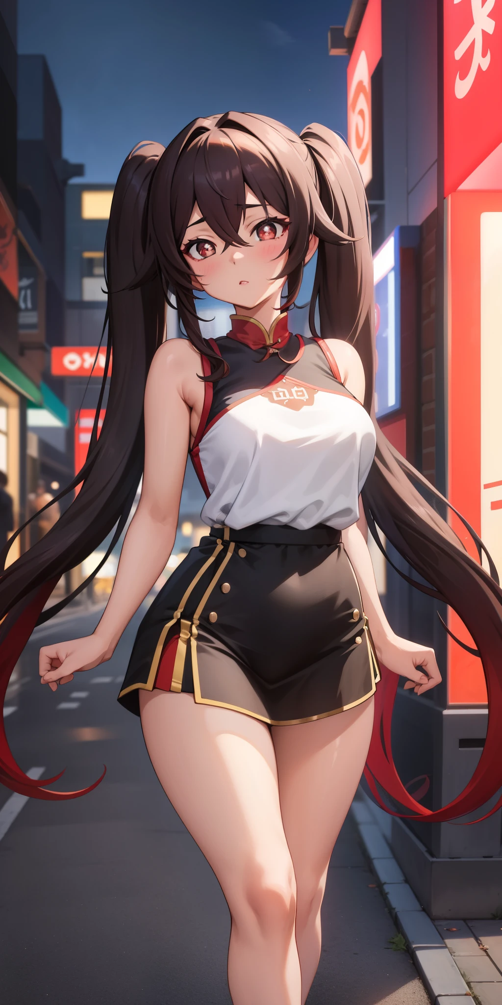 masterpiece, best quality, HuTaoV4, 1girl, solo, blush, twintails, long hair, hair between eyes, ((streetwear clothes)), city, outdoors, night, movie poster, extremely detailed 8K, smooth, high resolution, ultra quality, cinematic lighting, ambient occlusion, hd, 2k, 4k, 8k, 16k, extremely detailed anime, detailed faces, perfect composition, wide shot, atmospheric lighting, 