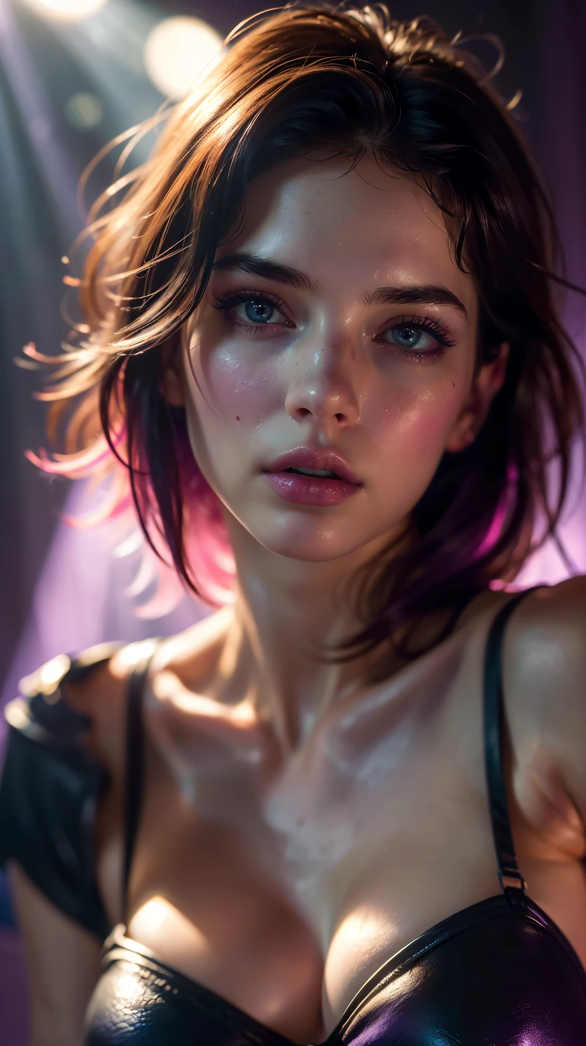 (((ultra realistic))) Photo, masterpiece, top quality, (pale skin), (Ultra detailed face and eyes:1.3), 1 girl, Adult, in a T-shirt, (Eye makeup, mascara) , ((large detailed lips)), ((purple волнистые волосы)), ((Chyolka)) , (Natural breasts), Slim waist. ((Posing)), photoshoot, studio (soft lighting), (The play of light and shadows), depth of field, bokeh, (special attention to skin detail: 1.2), Detailed leather texture, skin pores. (Warm atmosphere of the frame. Color range - black, purple, Pink, blue tones), UDR, ((Film grain)), ((rays)), ((glare of the sun)), ((waist up portrait, close to the camera)) , ultra detialed, 
