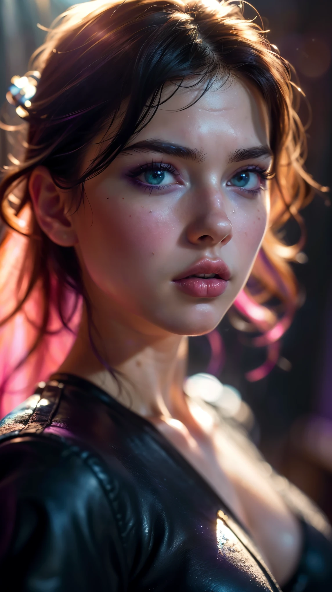 (((ultra realistic))) Photo, masterpiece, top quality, (pale skin), (Ultra detailed face and eyes:1.3), 1 girl, Adult, in a T-shirt, (Eye makeup, mascara) , ((large detailed lips)), ((purple волнистые волосы)), ((Chyolka)) , (Natural breasts), Slim waist. ((Posing)), photoshoot, studio (soft lighting), (The play of light and shadows), depth of field, bokeh, (special attention to skin detail: 1.2), Detailed leather texture, skin pores. (Warm atmosphere of the frame. Color range - black, purple, Pink, blue tones), UDR, ((Film grain)), ((rays)), ((glare of the sun)), ((waist up portrait, close to the camera)) , ultra detialed,