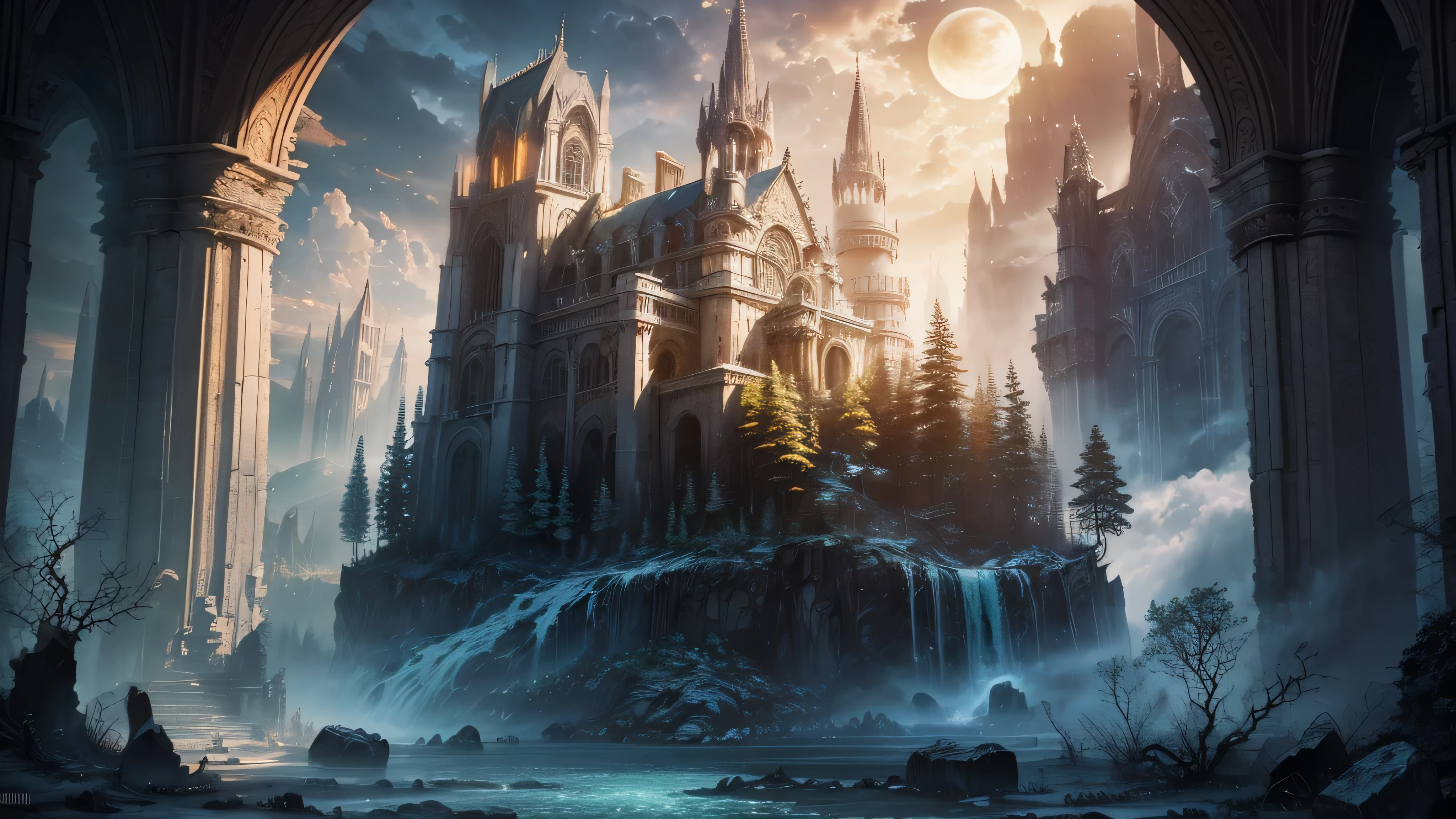 Bela paisagem exuberante, large buildings in ruins, huge ruined bridges, great castles in ruins, templos e colunas antigos e grandes, sky with dense clouds, sol, Lua, floresta com grande, colorful trees, cachoeiras, lindo rio com pedras, campo de profundidade, global illumination, hiper-realista, Efeito vidro quebrado, sem fundo, splendid, algo que nem existe, Being mythical, energia, molecular, Texturas, iridescente e luminescente, breathtaking beauty, pure perfection, Divine Presence, unforgettable, Impressionante, breathtaking beauty, volumetric light, auras, raios, cores vivas refletemlight, auras, raios, cores vivas refletem, aquarela, oil color, trends on artstation, sharp focus, studio photo, detalhes intrincados, altamente detalhado,