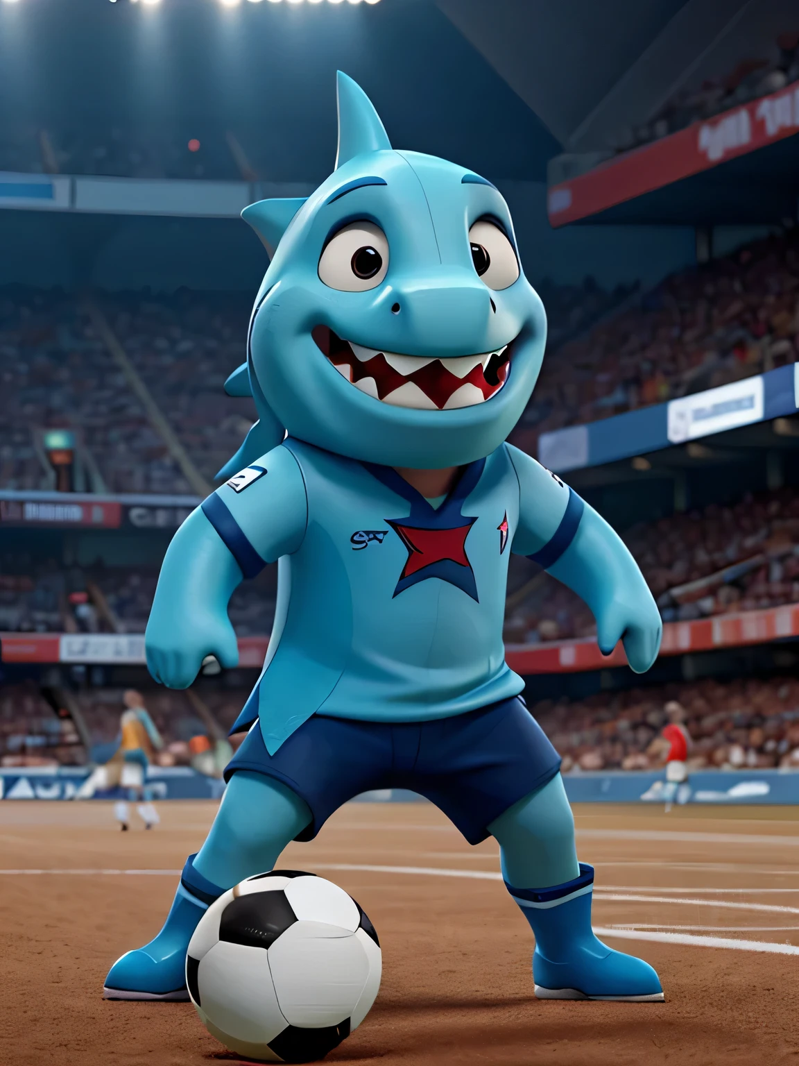 a shark with the body of a man, jogador de futebol, jogando em campo.