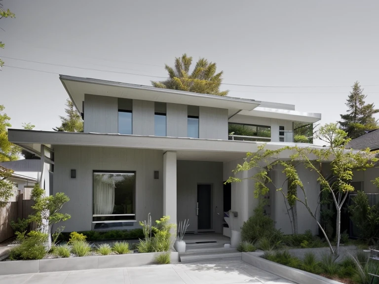 color photo of a modern and minimalist grey-colored Midcentury home. The house exudes an elegant and sophisticated vibe with its sleek lines, clean design, and neutral color palette. The exterior of the home is painted in a beautiful shade of grey, which perfectly complements the surrounding landscape. Large windows allow an abundance of natural light to flood the interior, creating a bright and airy atmosphere. The architectural details, such as the flat roof, angular shapes, and minimalistic landscaping, add to the overall contemporary aesthetic of the house. This grey Midcentury home stands as a timeless masterpiece, blending seamlessly with its surroundings.