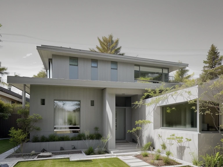 color photo of a modern and minimalist grey-colored Midcentury home. The house exudes an elegant and sophisticated vibe with its sleek lines, clean design, and neutral color palette. The exterior of the home is painted in a beautiful shade of grey, which perfectly complements the surrounding landscape. Large windows allow an abundance of natural light to flood the interior, creating a bright and airy atmosphere. The architectural details, such as the flat roof, angular shapes, and minimalistic landscaping, add to the overall contemporary aesthetic of the house. This grey Midcentury home stands as a timeless masterpiece, blending seamlessly with its surroundings.