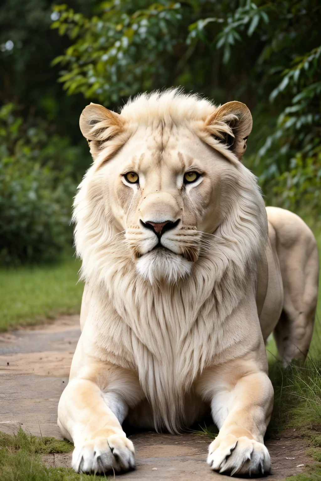 Draw a majestic image of a white lion cub. Ensure to highlight the beauty and grandeur of this magnificent animal. Emphasize the soft, white fur, contrasting with the details of intense and expressive eyes. Place the lion in a natural setting with lush vegetation and a clear sky. Capture the dignity of the white lion as it either rests or attentively observes its surroundings. Make sure to add realistic details and an atmosphere that accentuates the unique elegance of this feline.
